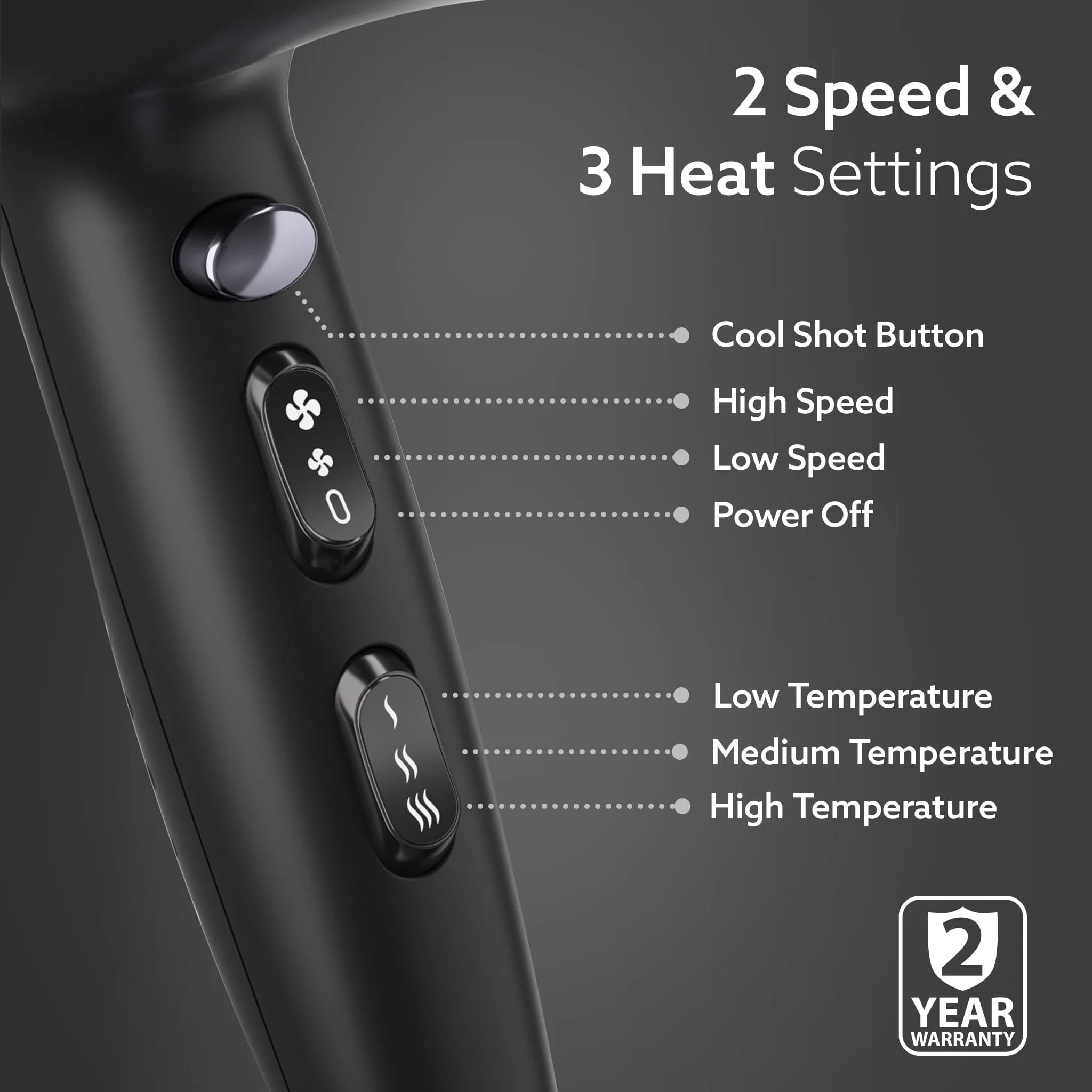 2000W AC Professional Hair Dryer with Comb, Concentrator & Diffuser Nozzles, Hot & Cold Air, 2 Speed & 3 Temperature Settings with Cool Shot, 16A Socket, Hair Dryer & Blower for Men, Black - Image 4