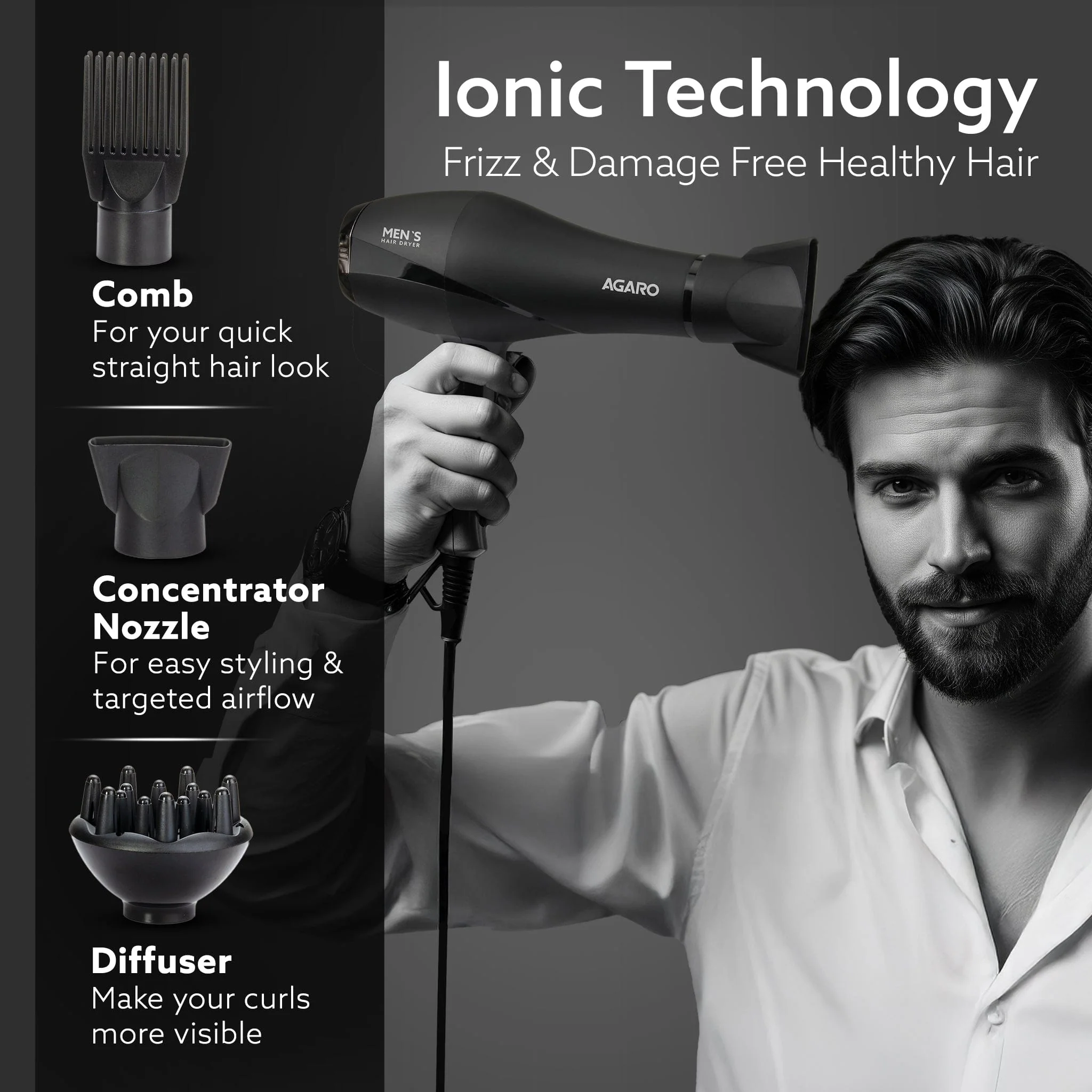2000W AC Professional Hair Dryer with Comb, Concentrator & Diffuser Nozzles, Hot & Cold Air, 2 Speed & 3 Temperature Settings with Cool Shot, 16A Socket, Hair Dryer & Blower for Men, Black - Image 5