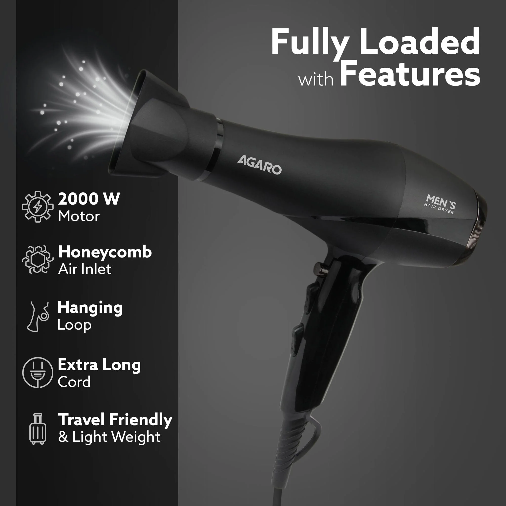 2000W AC Professional Hair Dryer with Comb, Concentrator & Diffuser Nozzles, Hot & Cold Air, 2 Speed & 3 Temperature Settings with Cool Shot, 16A Socket, Hair Dryer & Blower for Men, Black - Image 6