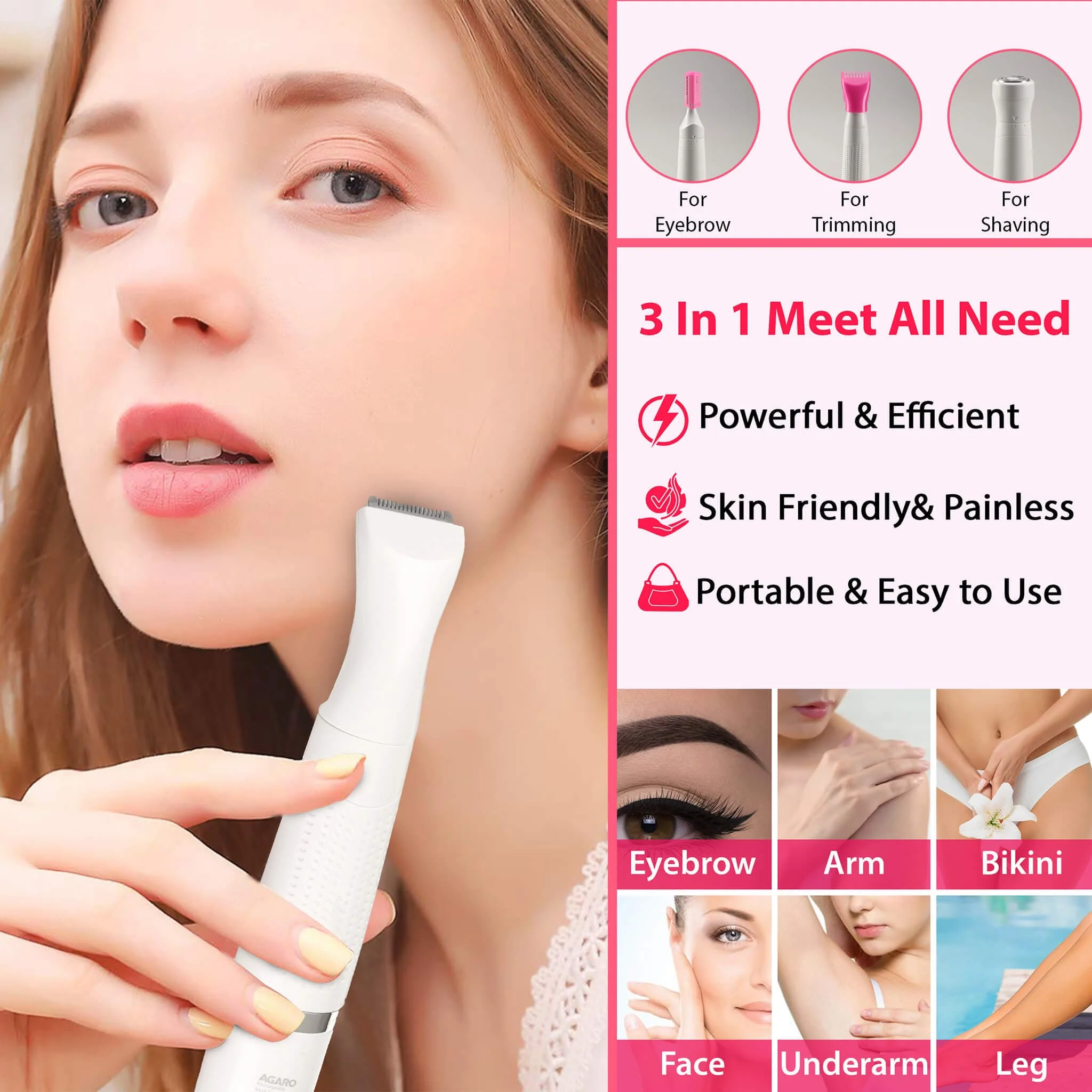 Rechargeable 3-in-1 Multi Trimmer For Women, Multipurpose Hair Remover for Women, Face, Leg, Eyebrow, Underarms, Bikini Trimmer, 90 minutes Runtime, White - Image 3