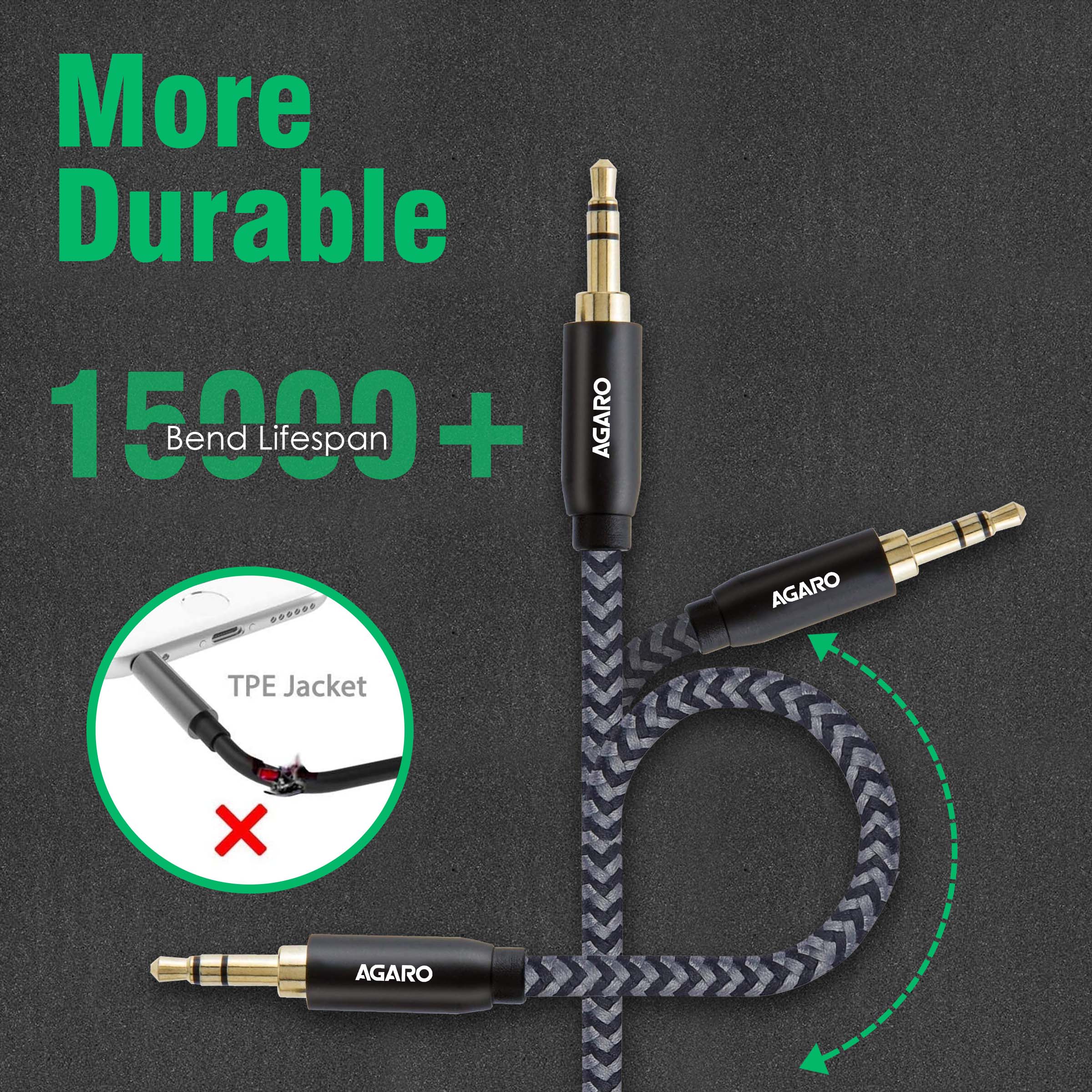 3.5mm Audio Cable Nylon Braided 24K Gold Plated Aux Cord Male to Male Stereo Hi-Fi Sound for Headphone, Car, Home Stereos, Speakers & More 1M/ 100CM/ 3.2 Ft, Silver & Black - Image 3