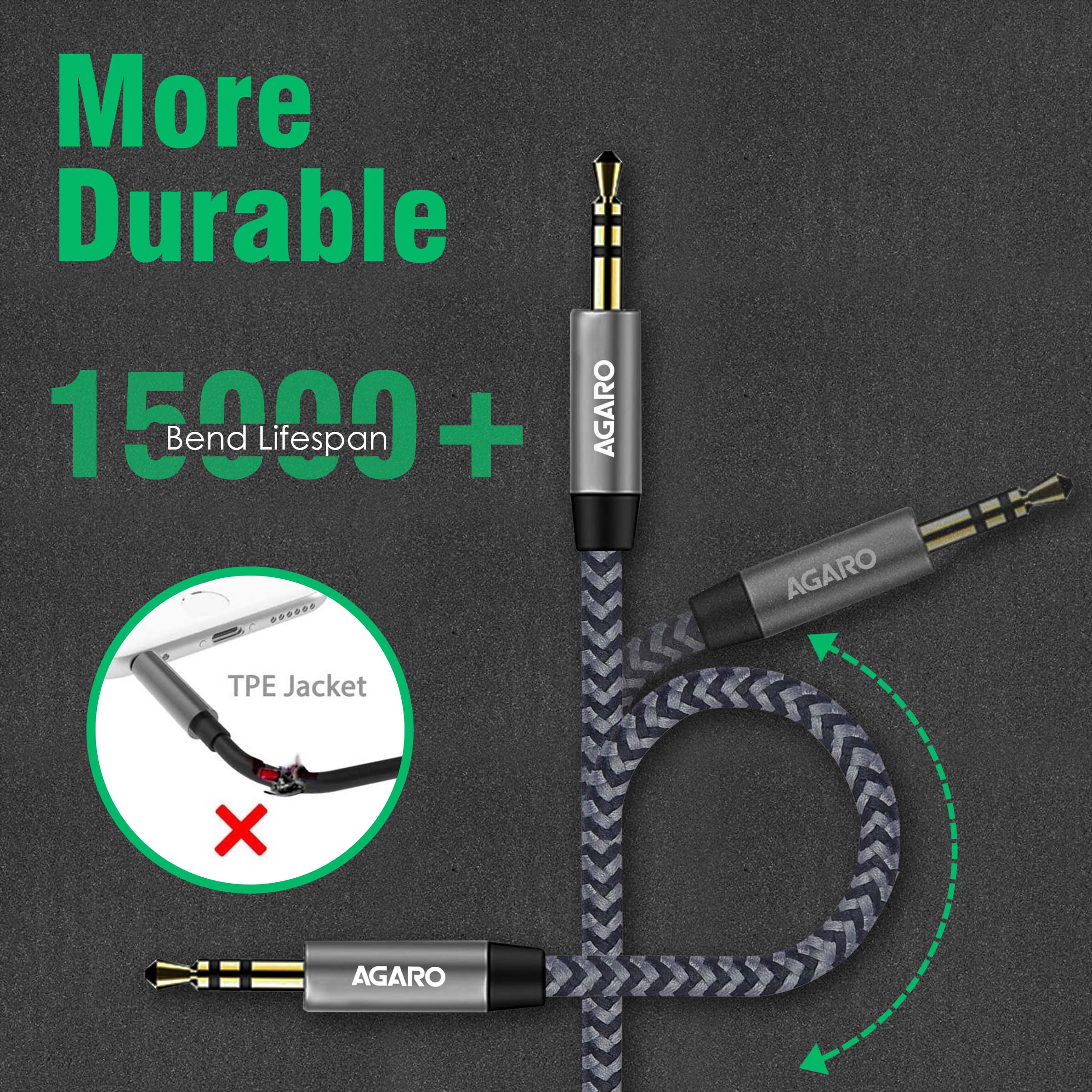 3.5mm Aux Male to Female Extension Cable, Audio Cable with Microphone Gold Plated Jack Nylon Braided for Car, Media Player & More 1.8 Meter (5.9 Ft), Silver & Black - Image 3