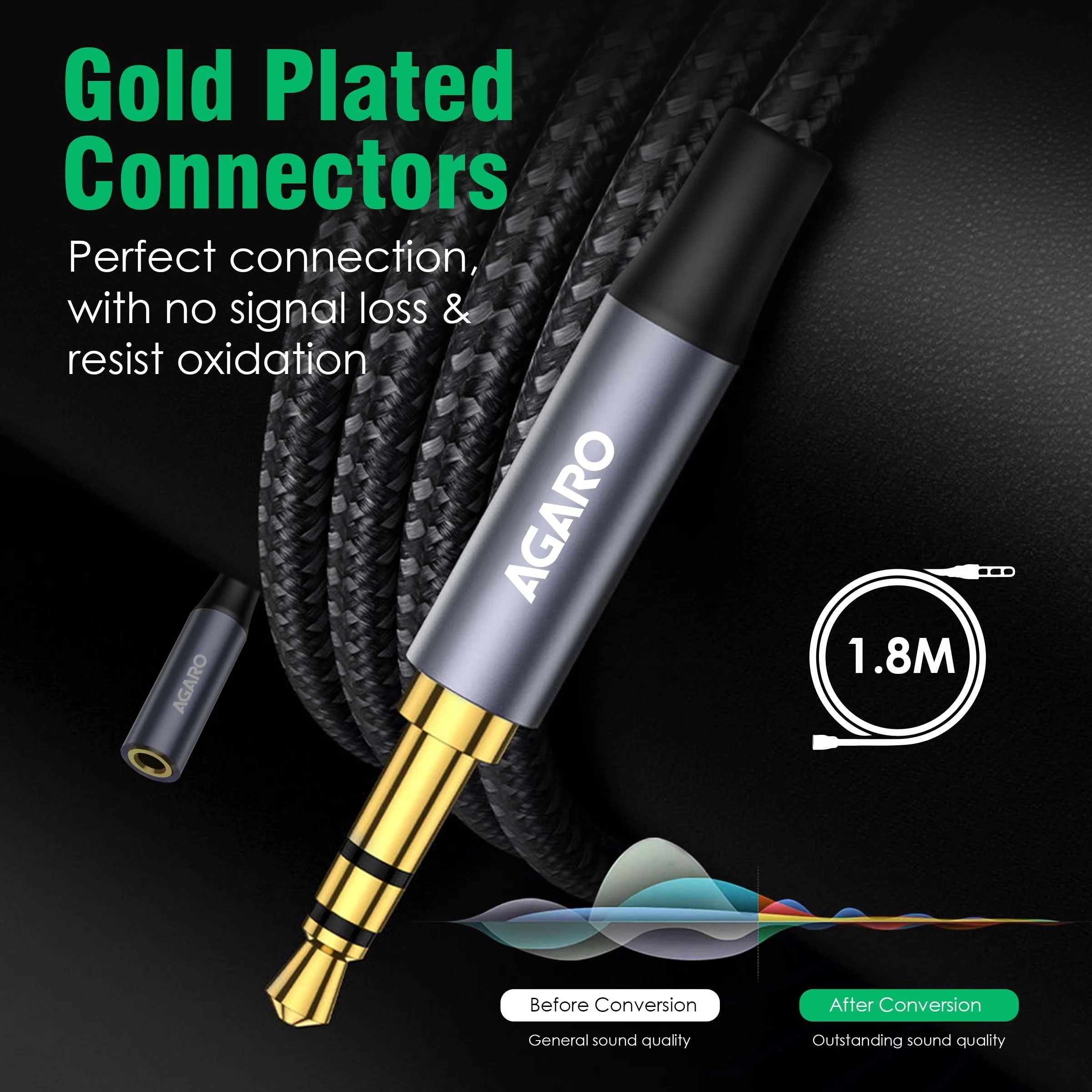 3.5mm Aux Male to Female Extension Cable, Audio Cable with Microphone Gold Plated Jack Nylon Braided for Car, Media Player & More 1.8 Meter (5.9 Ft), Silver & Black - Image 5