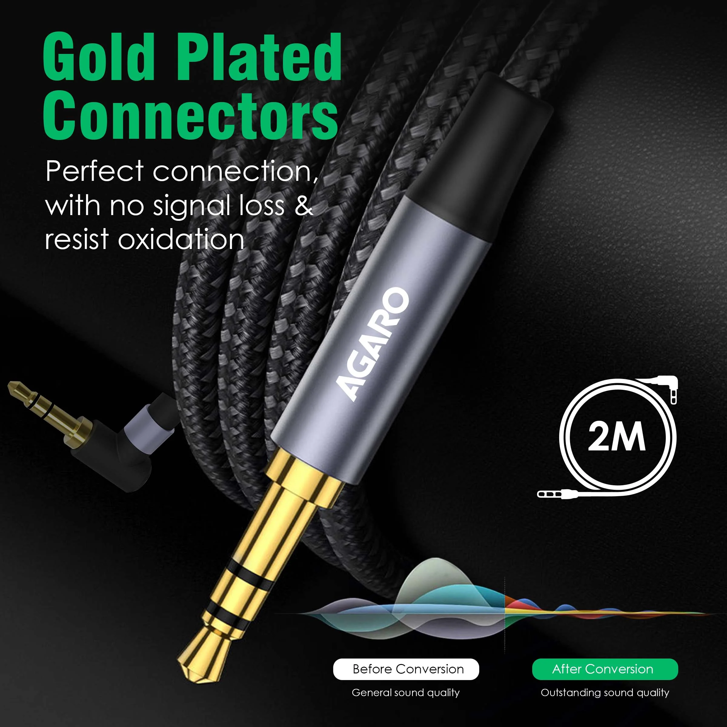3.5mm Audio Cable Stereo Aux 90 Degree Right Angle Aux Cable 24K Gold Plated Male to Male Hi-Fi Sound for Car,Home Stereos,Speakers,Tablets 2M/ 200CM/ 5.6 Ft,Silver & Black - Image 5