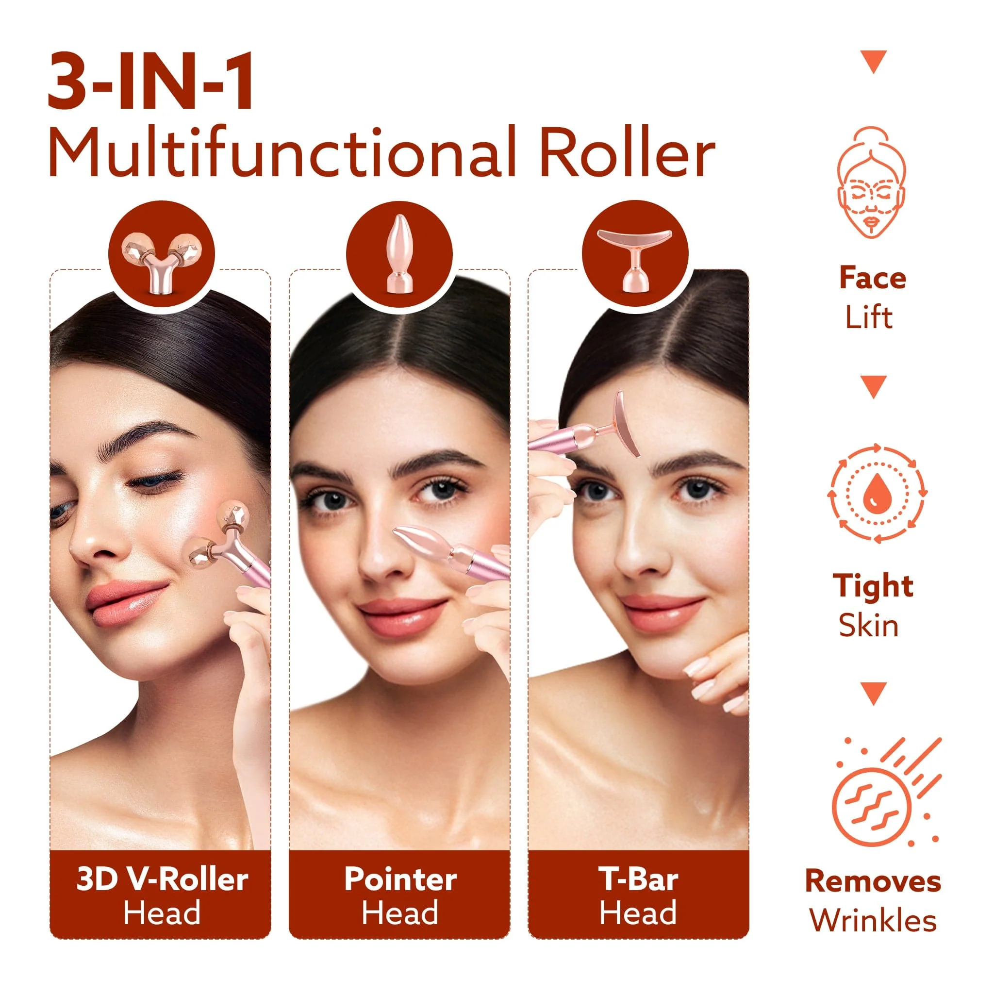 3-In-1 Face Roller, 3D V-Roller Head, Pointer Head, Facial Roller Kit for Face, Eye, Neck, Jade Roller, Anti-Aging Facial Massager for Anti-Wrinkle, (Rose Gold) - Image 2