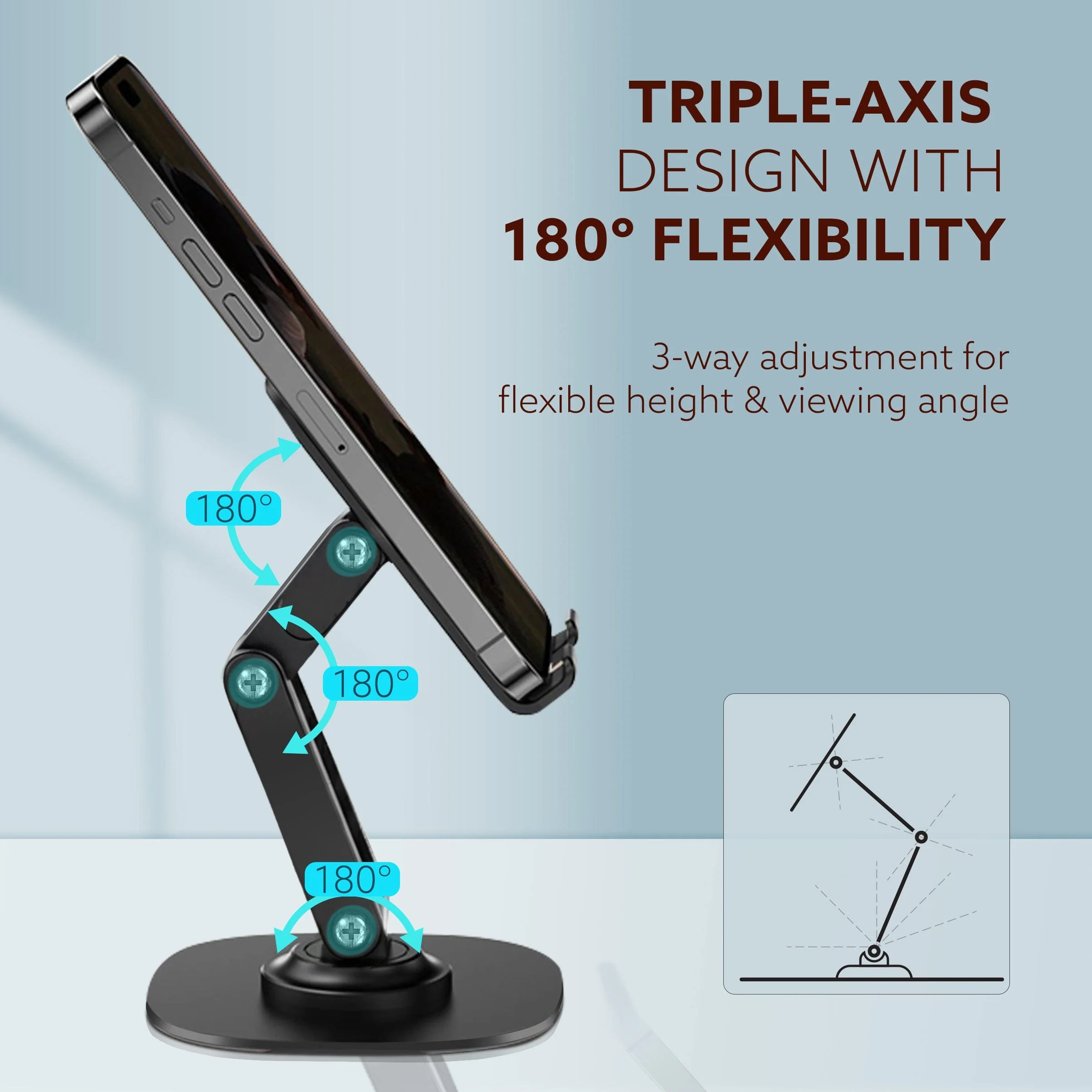 360° Revolving Mobile Stand, Foldable & Sturdy Metal Stand with 360° Rotation, Multiple Height & Angle Adjustments & Anti-Slip pads for Desk, Compatible with Smartphones, Tablets, Kindles & iPad - Image 3
