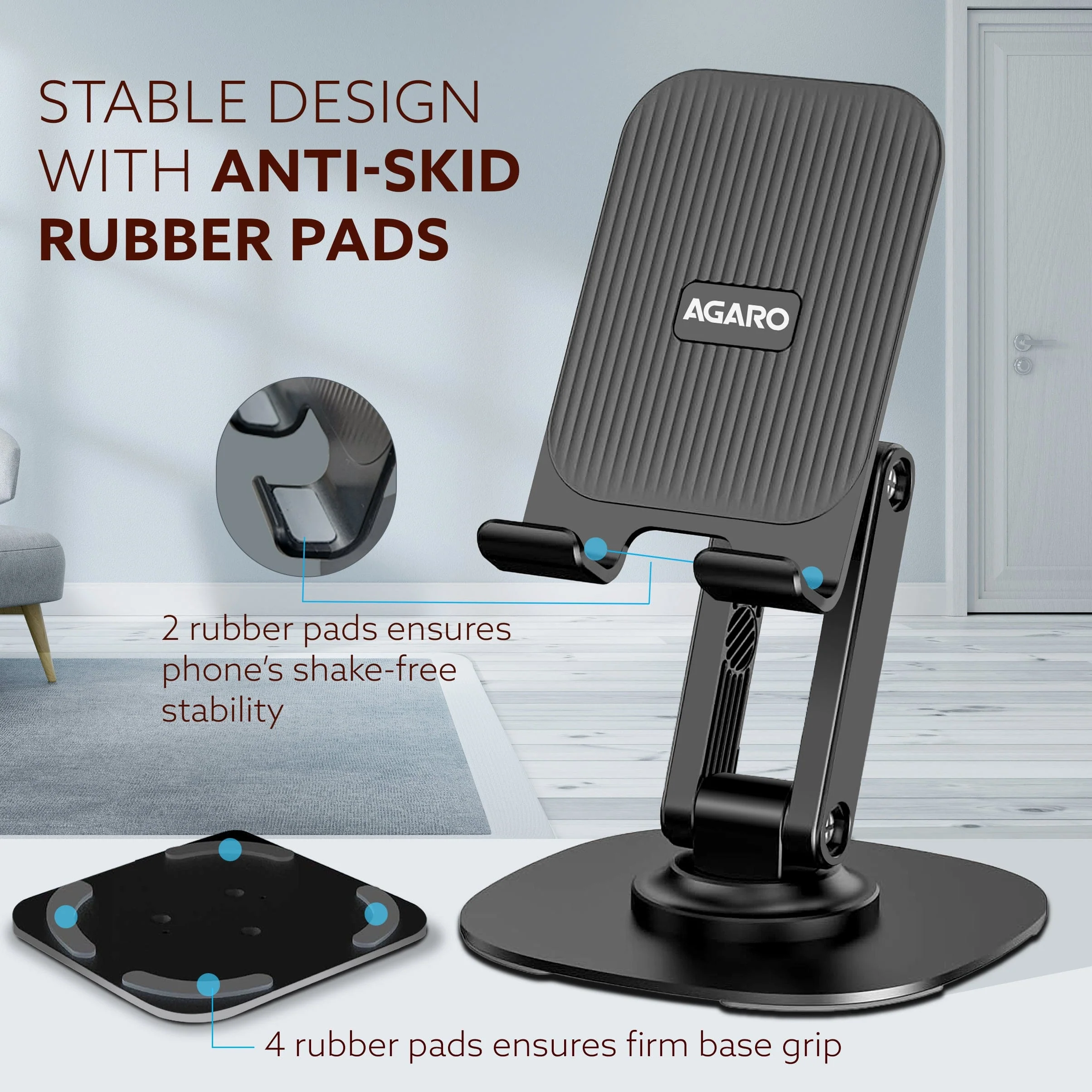360° Revolving Mobile Stand, Foldable & Sturdy Metal Stand with 360° Rotation, Multiple Height & Angle Adjustments & Anti-Slip pads for Desk, Compatible with Smartphones, Tablets, Kindles & iPad - Image 5