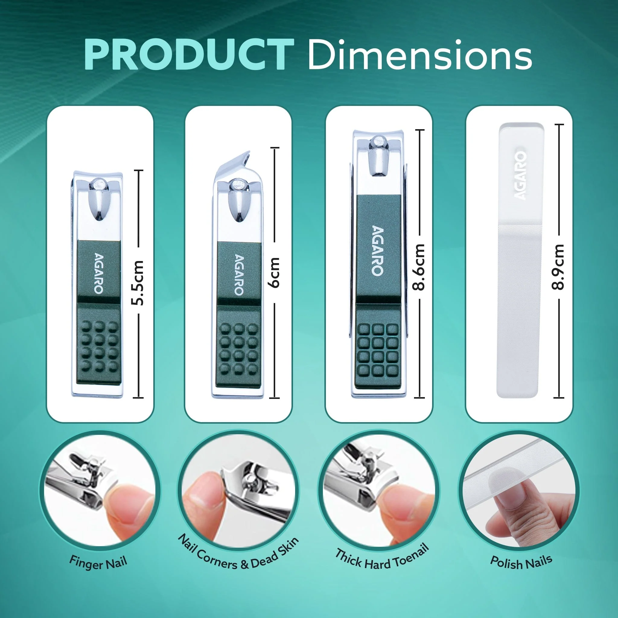 4-in-1 Nail Clipper Set – Manicure & Pedicure Kit with Fingernail & Toenail Clippers, Premium Glass Nail File, Ergonomic Non-Slip Grip, Travel Case for Men & Women (Dark Green) - Image 5
