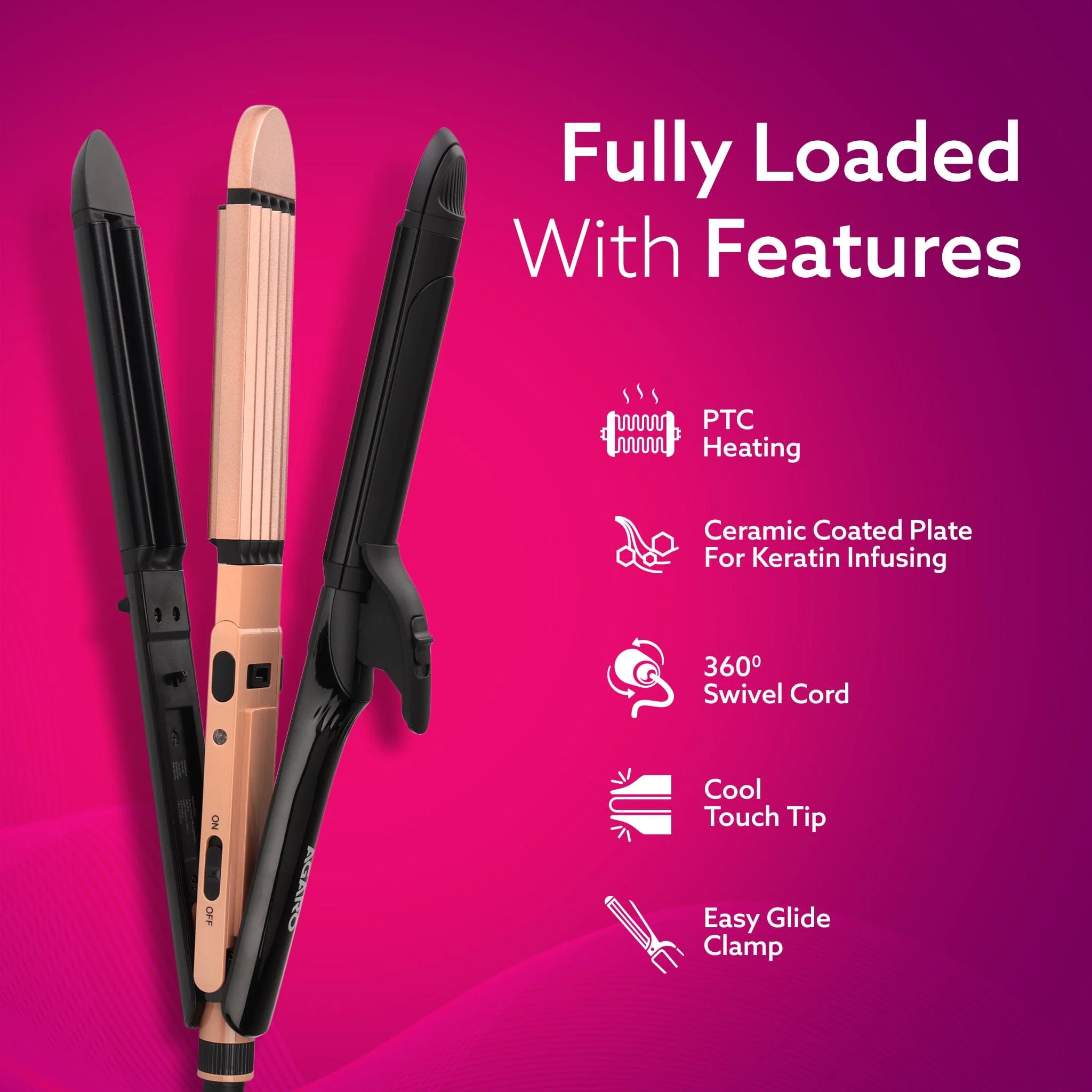 4 in1 hair Straightener,Wavy Hair, Crimper, Curler, Hair Styler, Keratin Infused Ceramic Coated Plate, Variable Style Settings, Hair Styling, Black & Rose Gold, HS1719 - Image 4