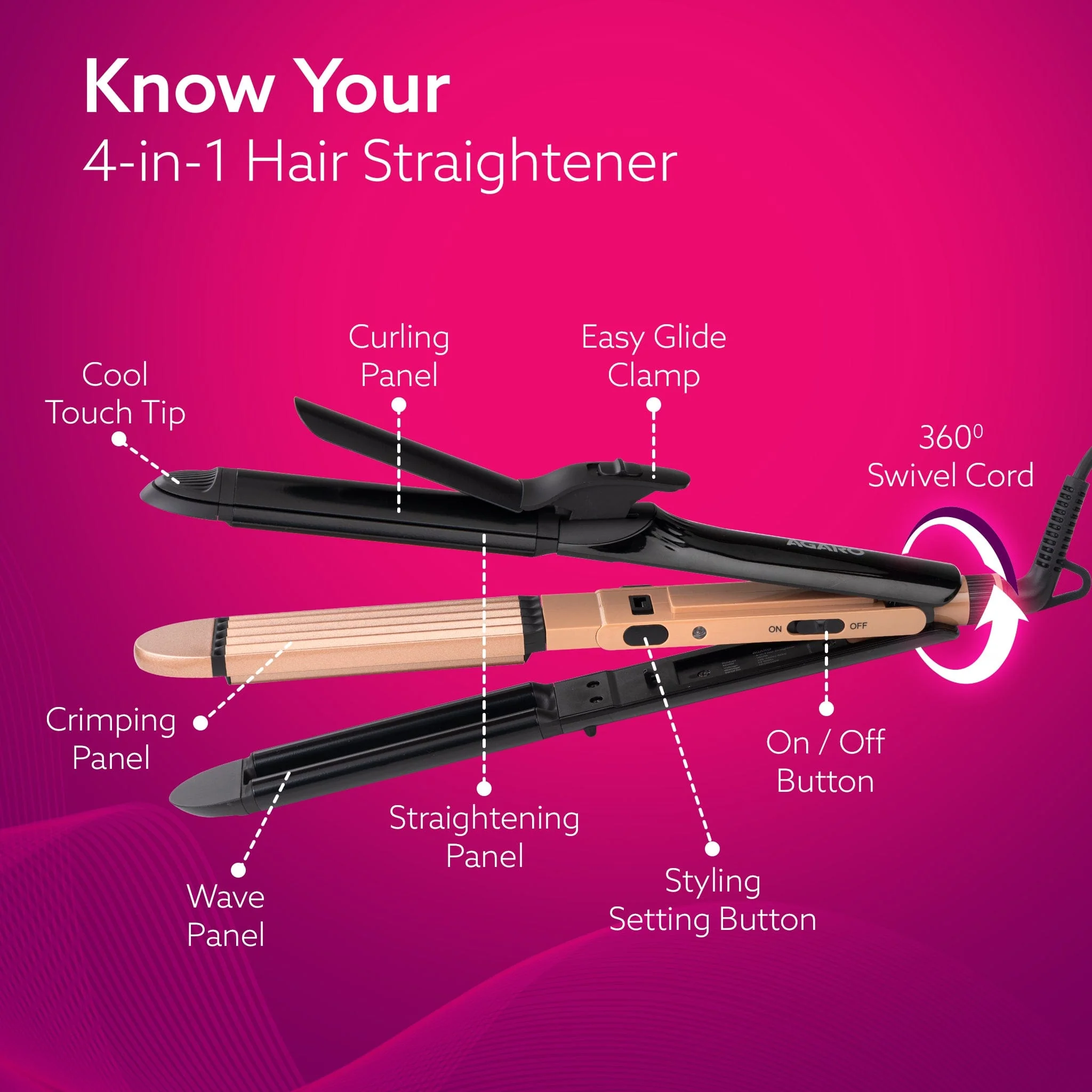 4 in1 hair Straightener,Wavy Hair, Crimper, Curler, Hair Styler, Keratin Infused Ceramic Coated Plate, Variable Style Settings, Hair Styling, Black & Rose Gold, HS1719 - Image 5