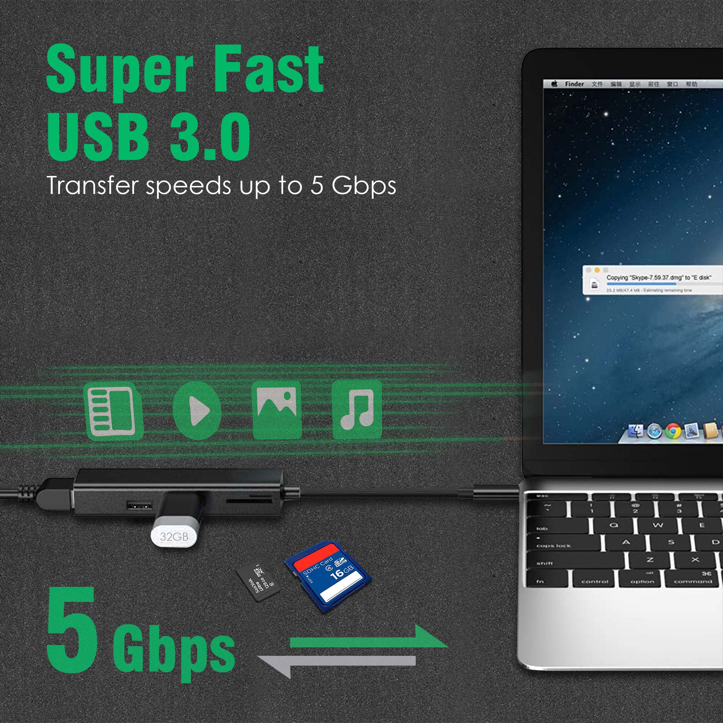 5in1 Type C to USB A + MMC + Ethernet Converter, 2 USB 3.0, SD And TF Card Reader for Smartphone, Charging Adapter (Black) - Image 3