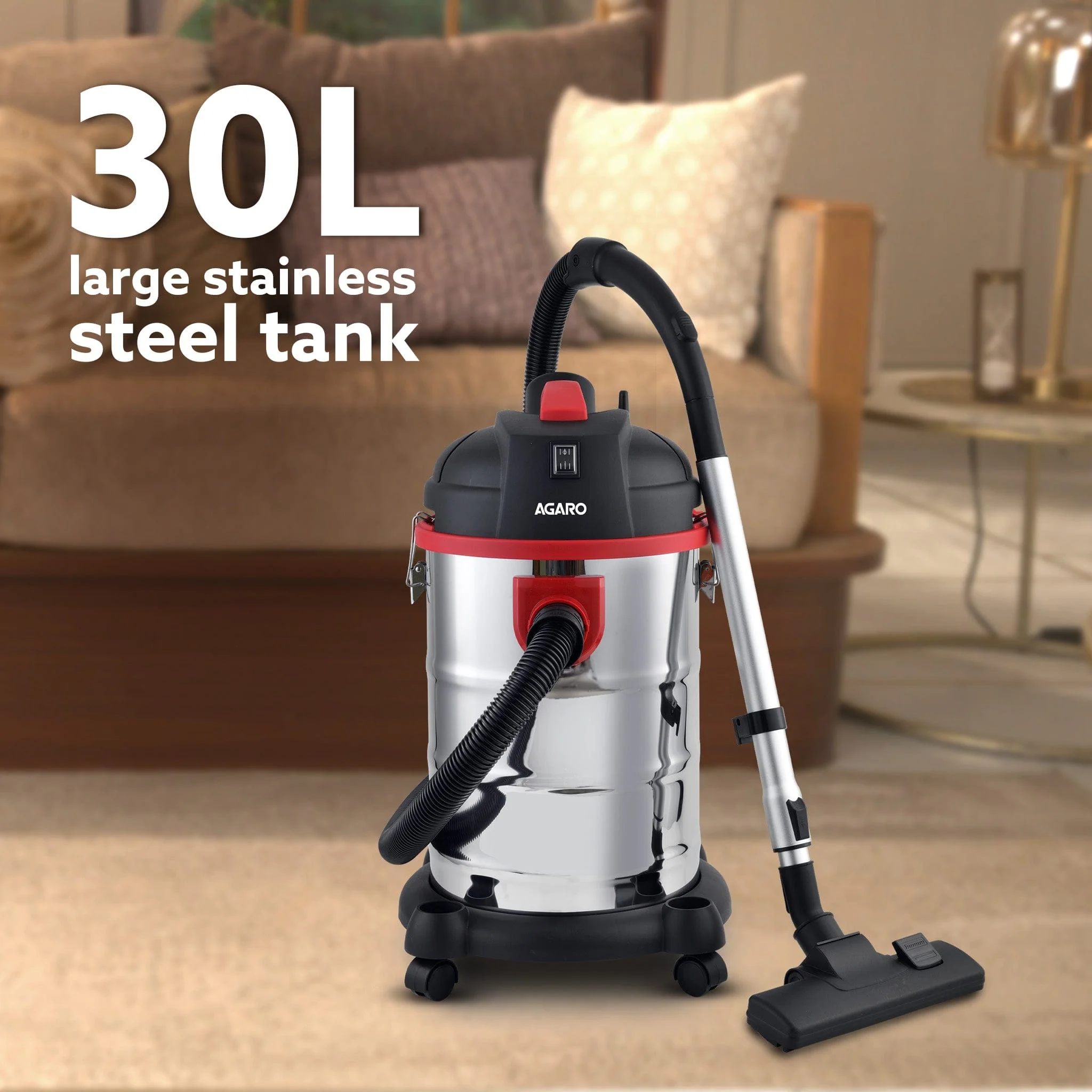 Ace Wet & Dry Vacuum Cleaner, 1600 Watts, 21.5 Kpa Suction Power, 30 Litres Tank Capacity, Home Use, Blower Function, Washable 3L Dust Bag, Stainless Steel Body (Black/Red/Steel) - Image 3
