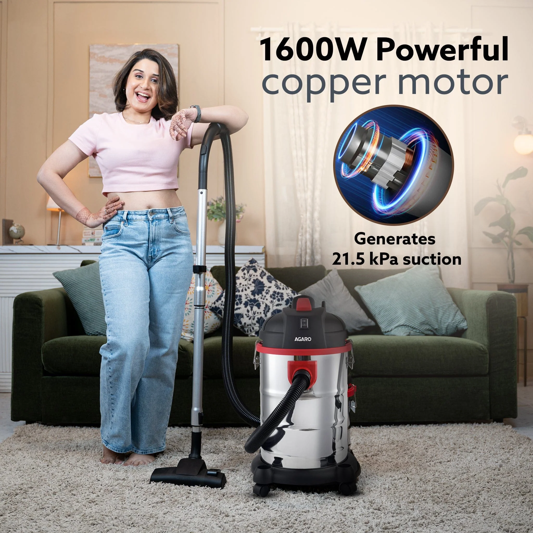 Ace Wet & Dry Vacuum Cleaner, 1600 Watts, 21.5 Kpa Suction Power, 30 Litres Tank Capacity, Home Use, Blower Function, Washable 3L Dust Bag, Stainless Steel Body (Black/Red/Steel) - Image 4