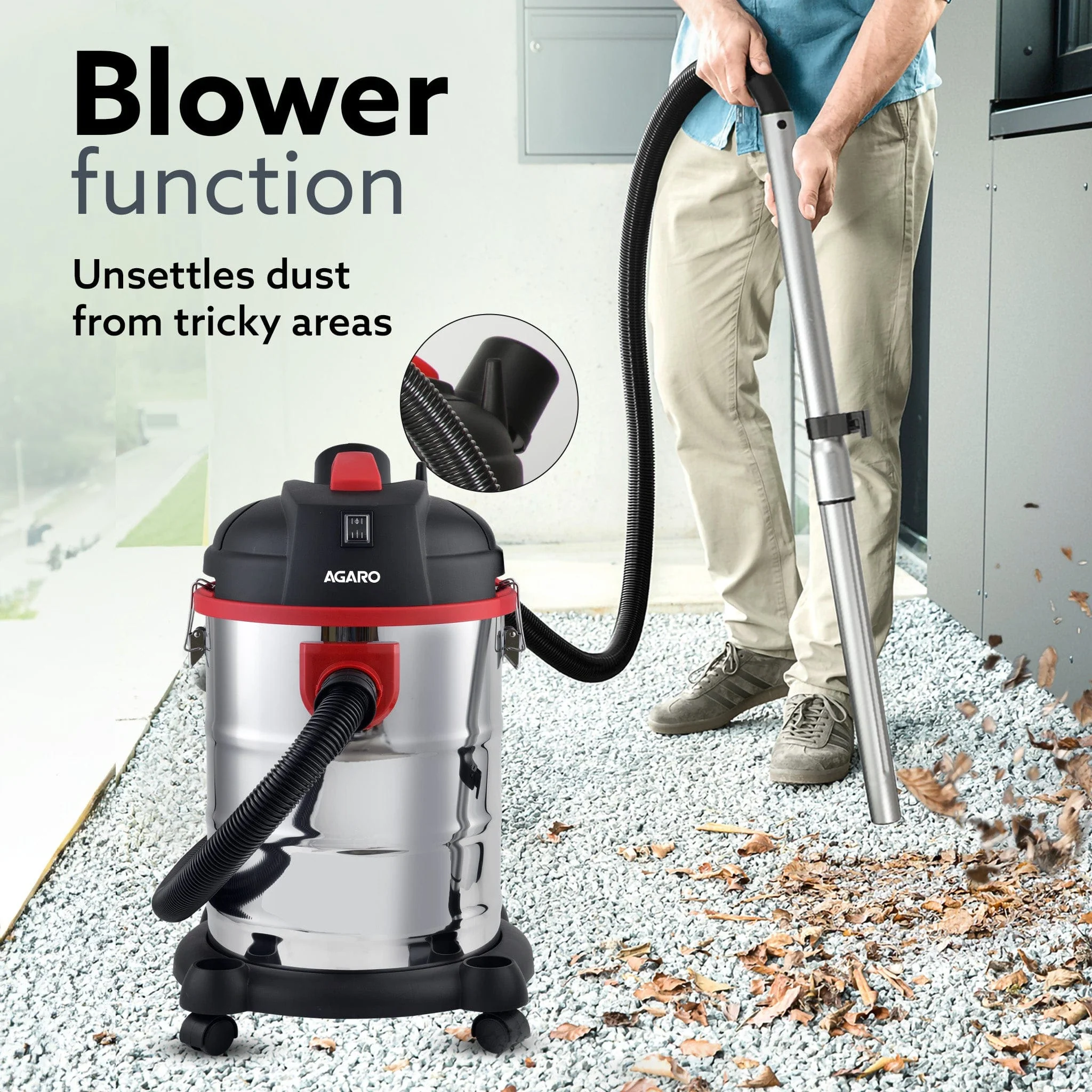 Ace Wet & Dry Vacuum Cleaner, 1600 Watts, 21.5 Kpa Suction Power, 30 Litres Tank Capacity, Home Use, Blower Function, Washable 3L Dust Bag, Stainless Steel Body (Black/Red/Steel) - Image 5