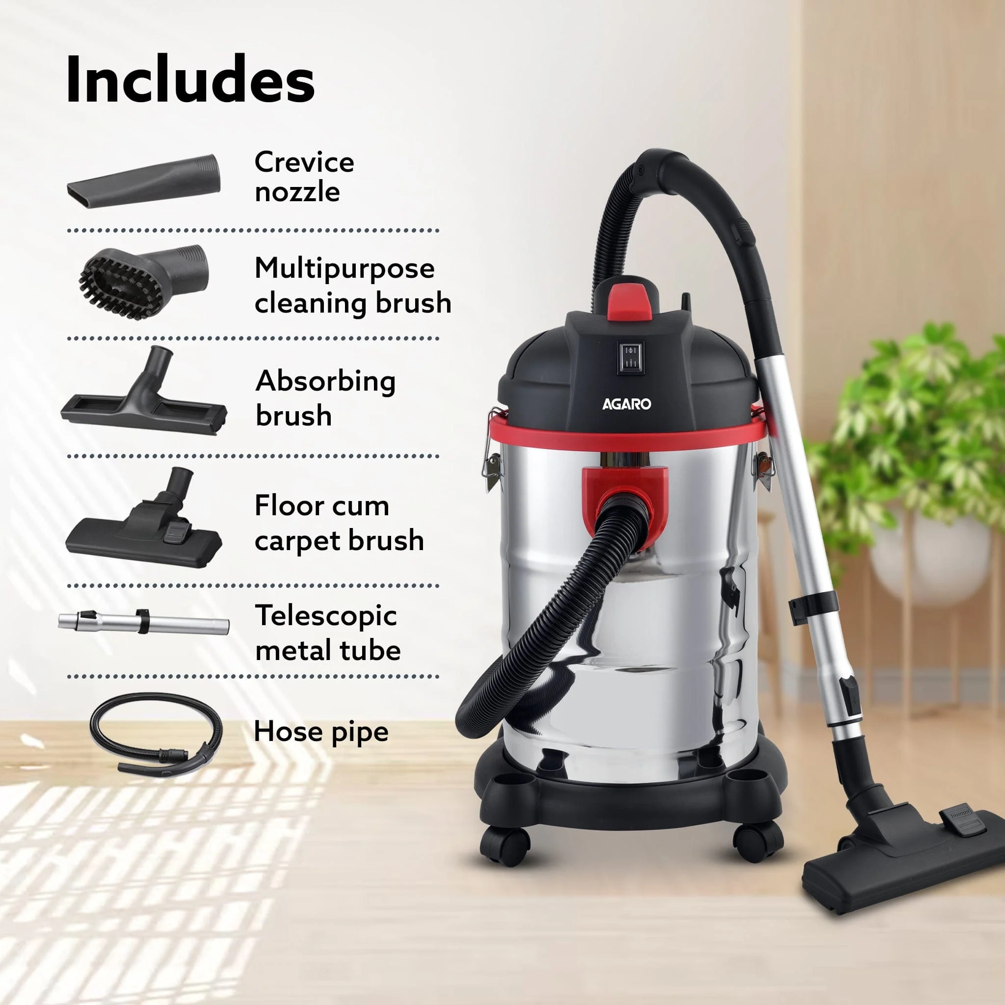 Ace Wet & Dry Vacuum Cleaner, 1600 Watts, 21.5 Kpa Suction Power, 30 Litres Tank Capacity, Home Use, Blower Function, Washable 3L Dust Bag, Stainless Steel Body (Black/Red/Steel) - Image 6