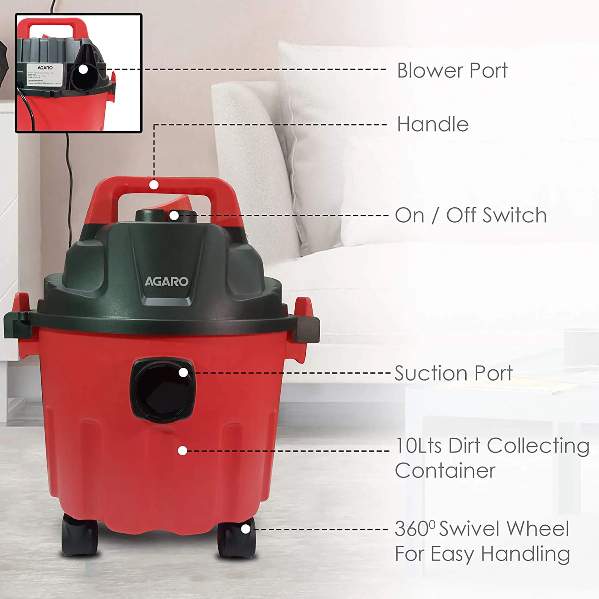 Rapid Vacuum Cleaner,1000W,Wet&Dry,for Home, Plastic Body,Red,10 Liter, Cartridge - Image 5