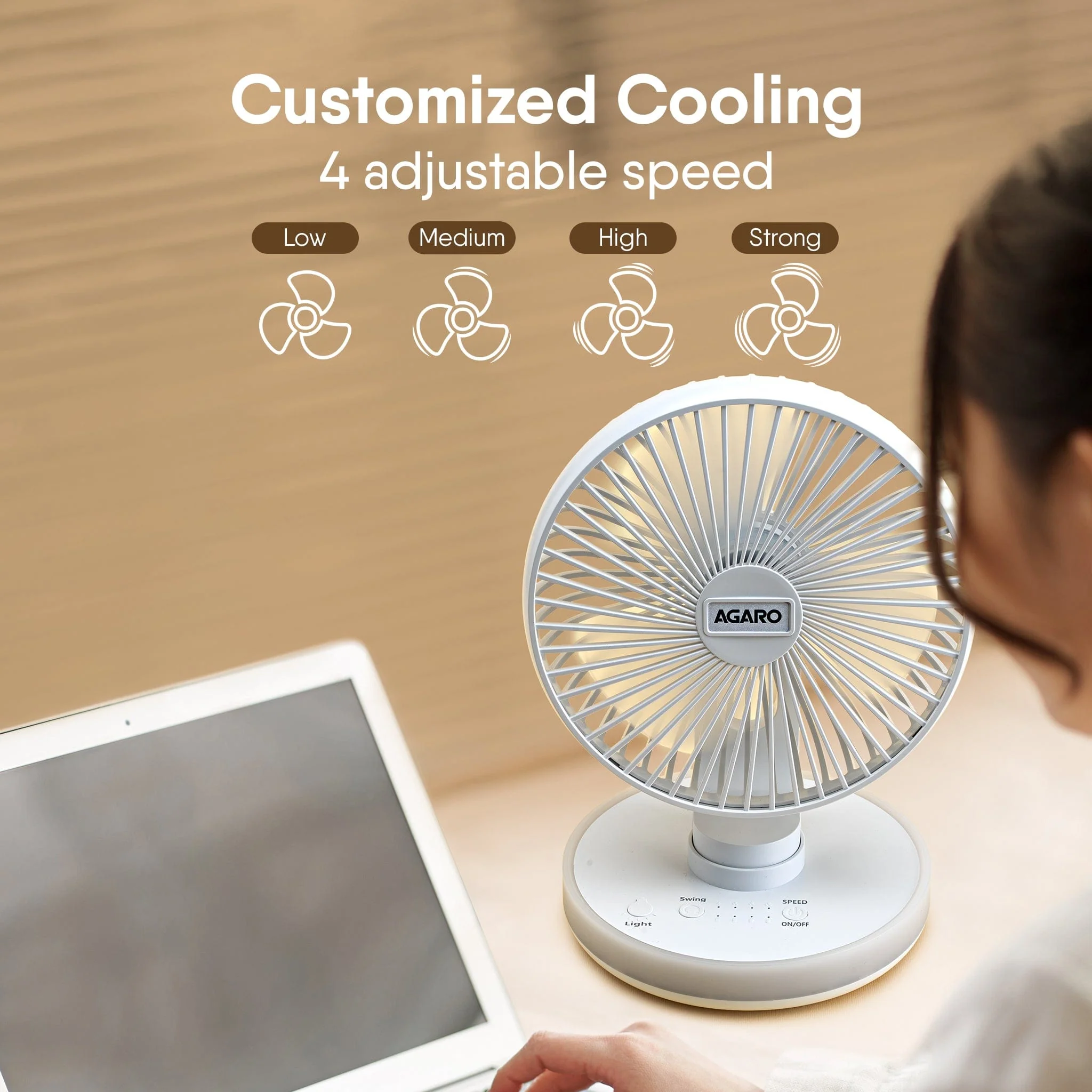 Alpha Desktop Fan with Light, 6 Inches, 4 Speeds, Oscillating Table Fan, Brushless Motor, Wide Angle Adjustment, USB Rechargeable,  Ultra Quiet, Personal Mini Fan for Home Office Bedroom, White - Image 3