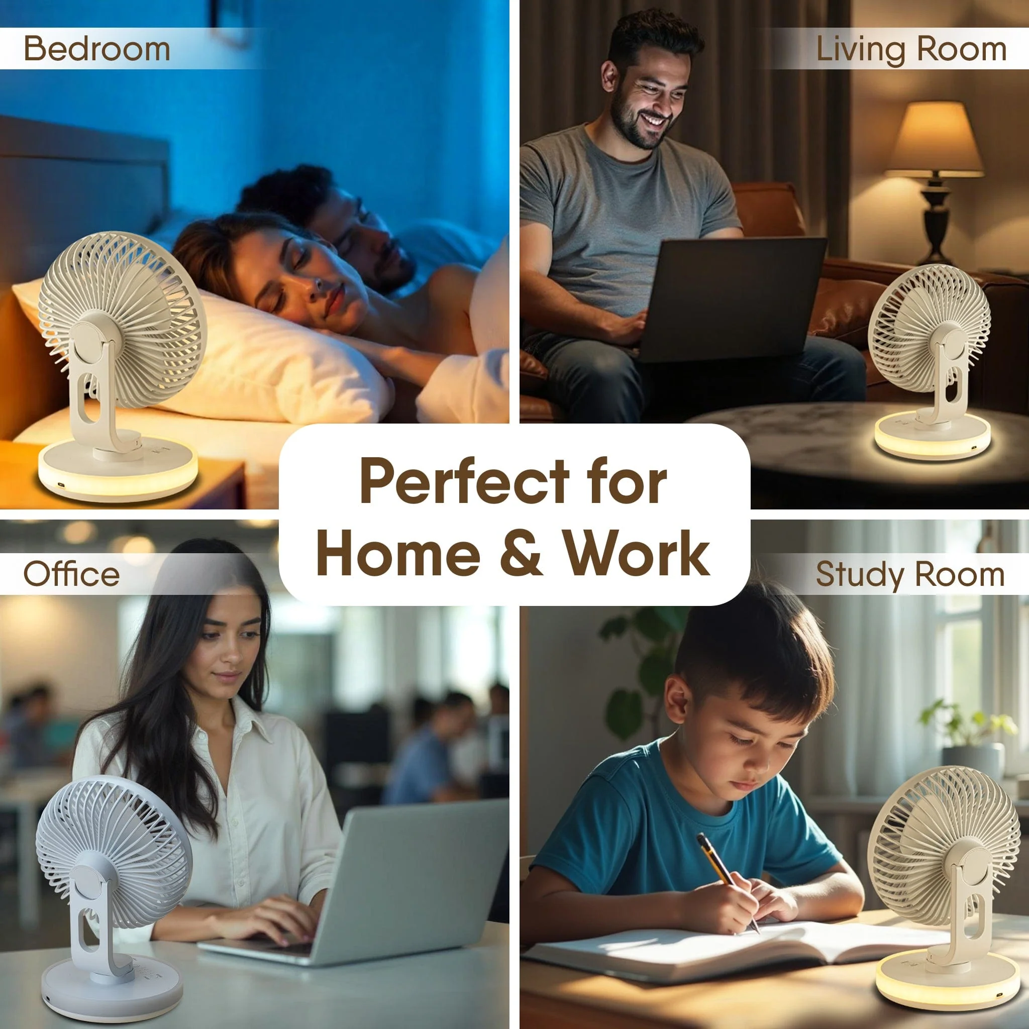Alpha Desktop Fan with Light, 6 Inches, 4 Speeds, Oscillating Table Fan, Brushless Motor, Wide Angle Adjustment, USB Rechargeable,  Ultra Quiet, Personal Mini Fan for Home Office Bedroom, White - Image 7