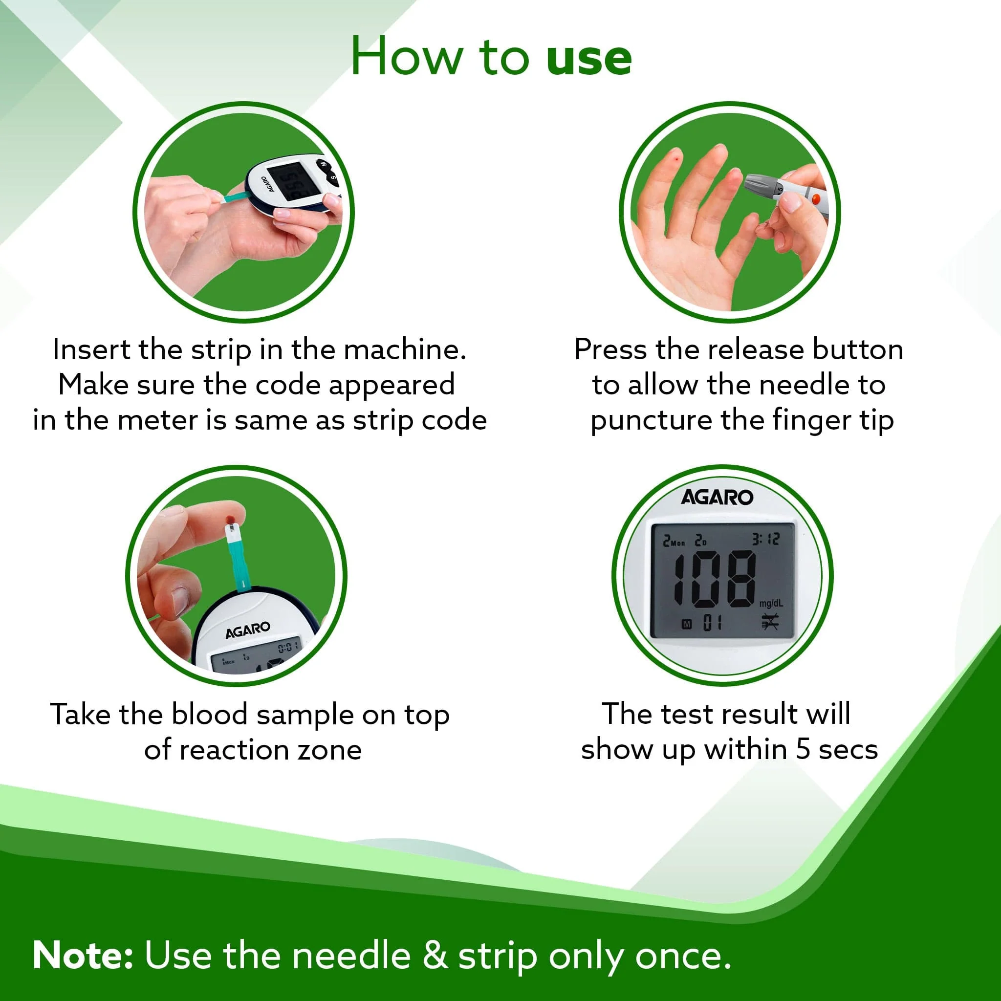 AGARO Blood Glucose Test Strips, 50pcs, Instant Blood Sugar Test at Home, Glucometer Machine, Blood Glucose Monitoring Device, Fast Blood Sugar Testing, Simple & Accurate, GLS-76 - Image 4
