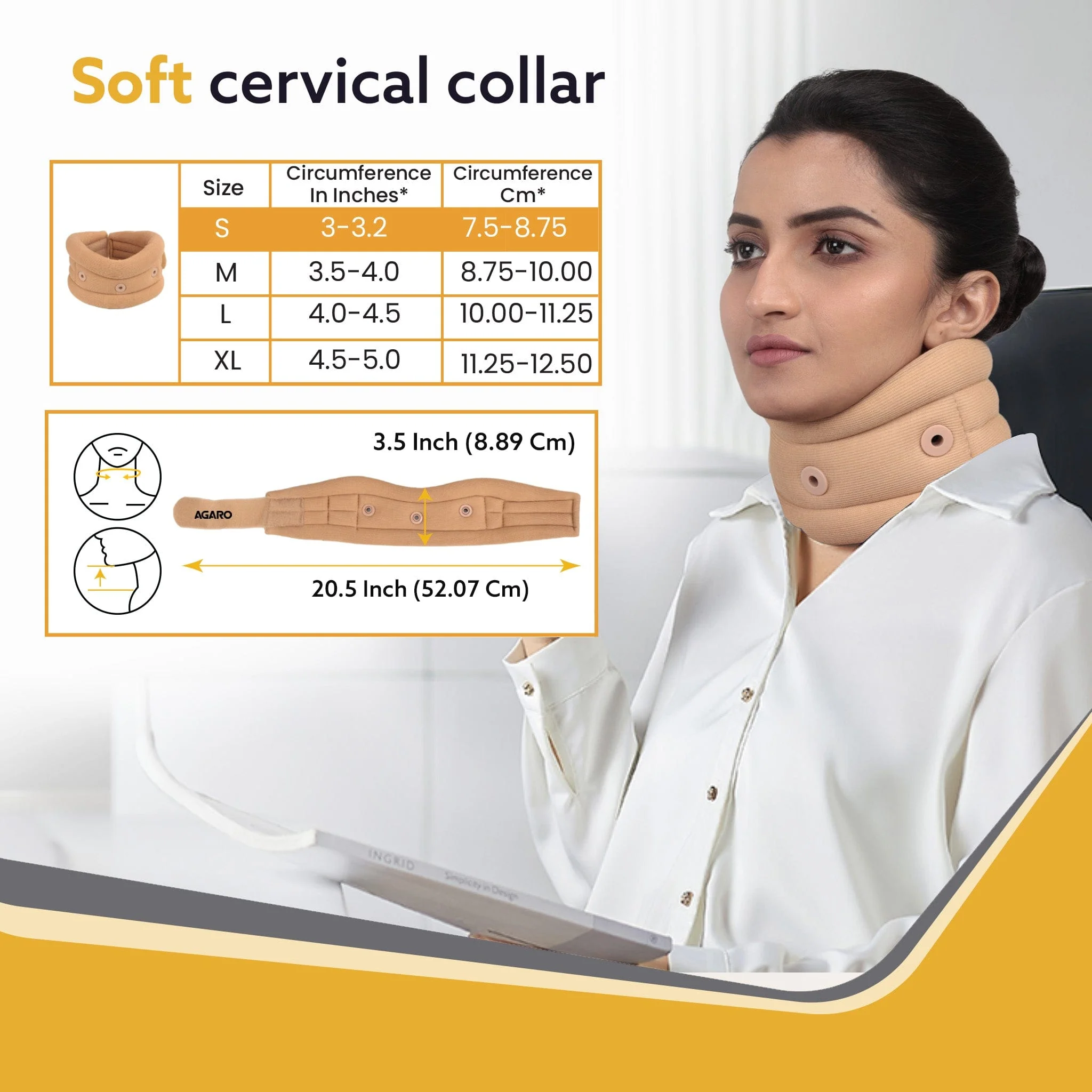 AGARO Cervical Collar Spondylitis Neck Support, Adjustable Neck Brace With Extra Support, Relieves Pain, Stress & Pressure in Spine, Small, Beige - Image 3