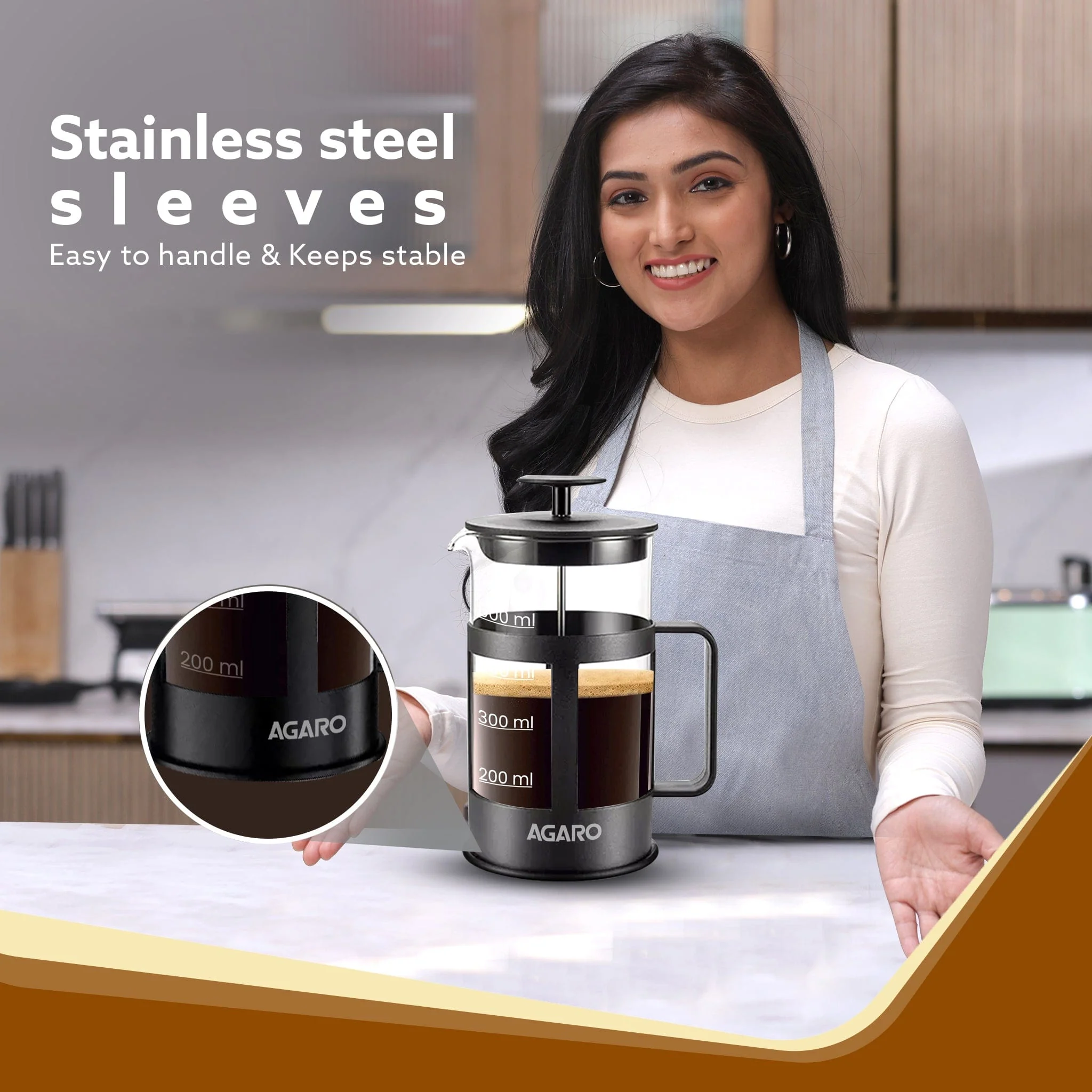 Delite French Press Coffee And Tea Maker, Borosilicate Glass Body With Sleeves, Glass Carafe, BPA Free Plastic Lid Strainer, 600Ml - Image 4