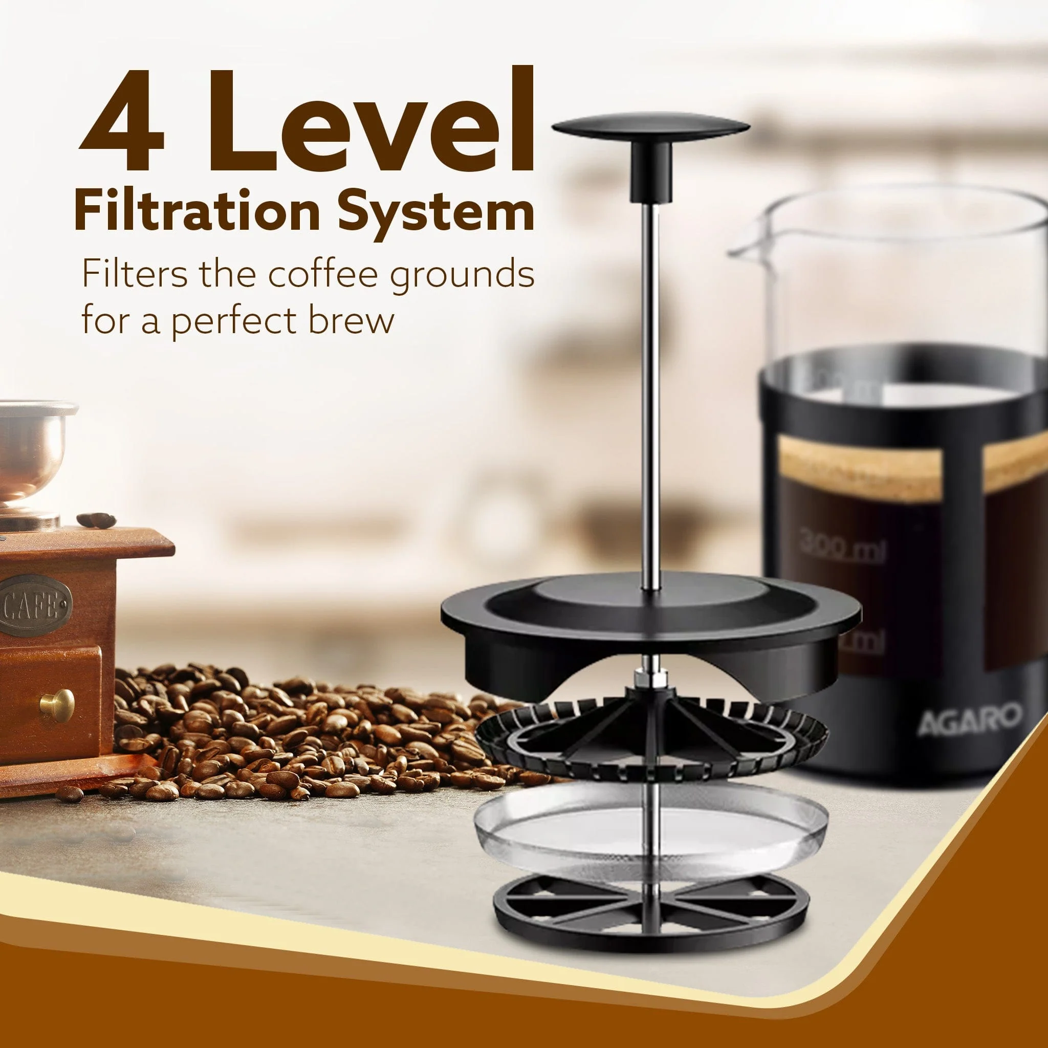 Delite French Press Coffee And Tea Maker, Borosilicate Glass Body With Sleeves, Glass Carafe, BPA Free Plastic Lid Strainer, 600Ml - Image 5