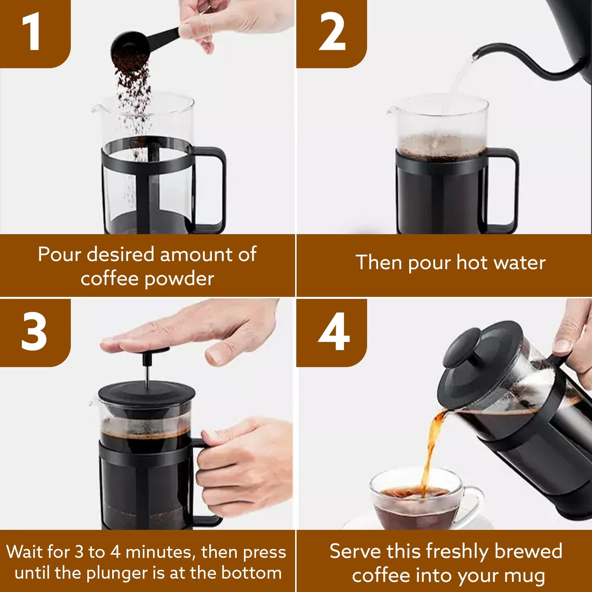Delite French Press Coffee And Tea Maker, Borosilicate Glass Body With Sleeves, Glass Carafe, BPA Free Plastic Lid Strainer, 600Ml - Image 6