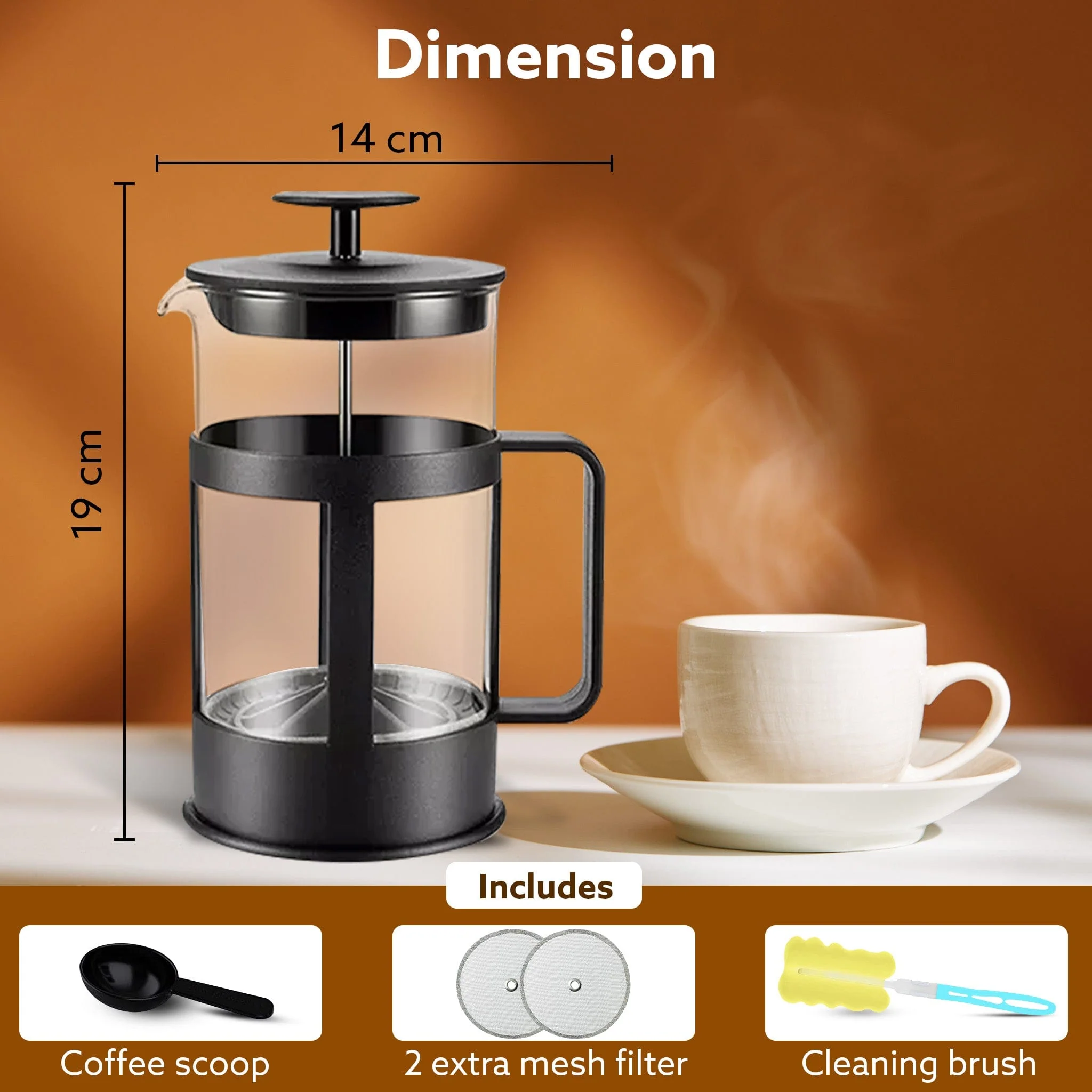 Delite French Press Coffee And Tea Maker, Borosilicate Glass Body With Sleeves, Glass Carafe, BPA Free Plastic Lid Strainer, 600Ml - Image 7