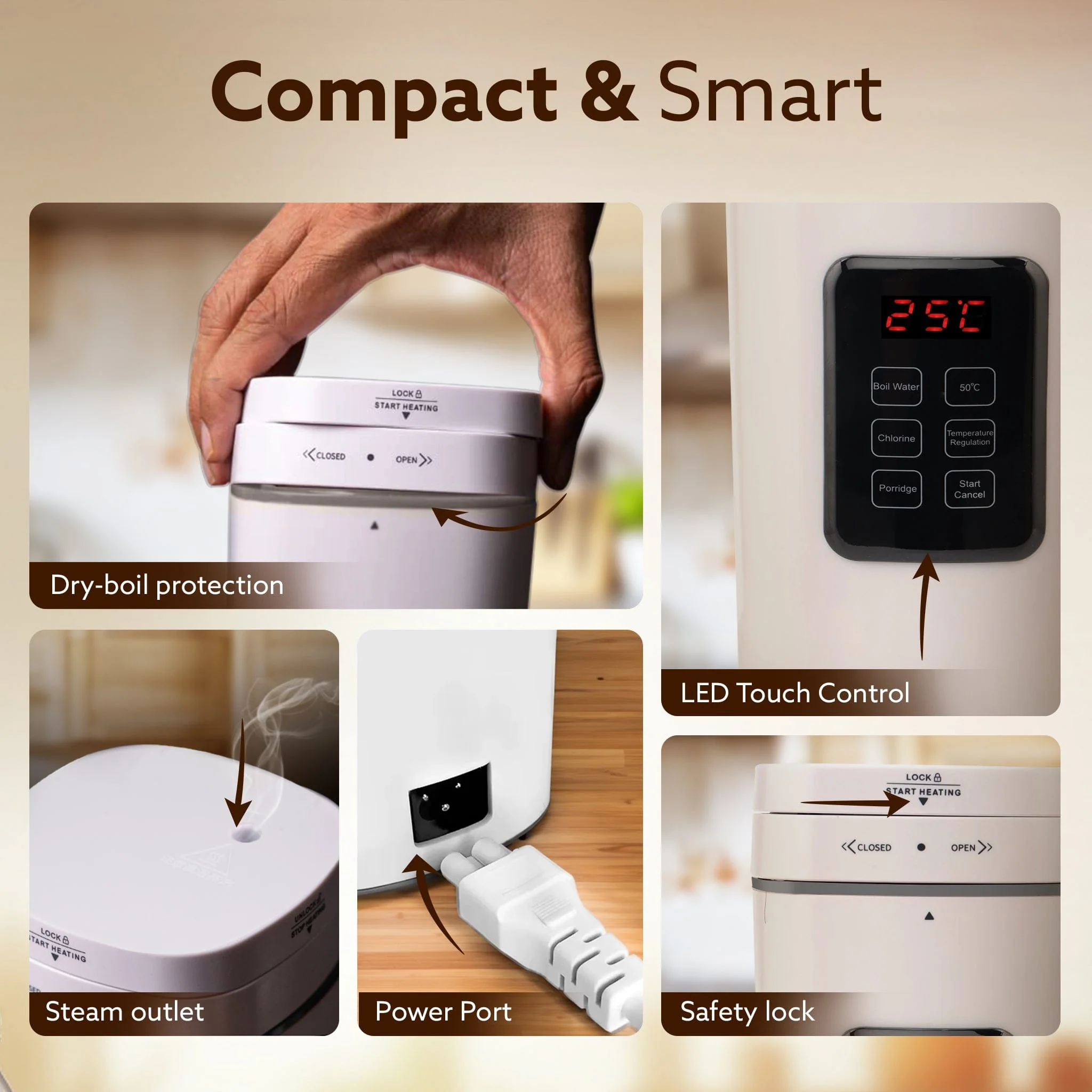 Delite Portable Electric Kettle, 500 Ml, Fast Boiling, Adjustable Temperature, Keep Warm,  Porridge, Double Layered Body, Travel Electric Kettle, Hot Water, White - Image 3