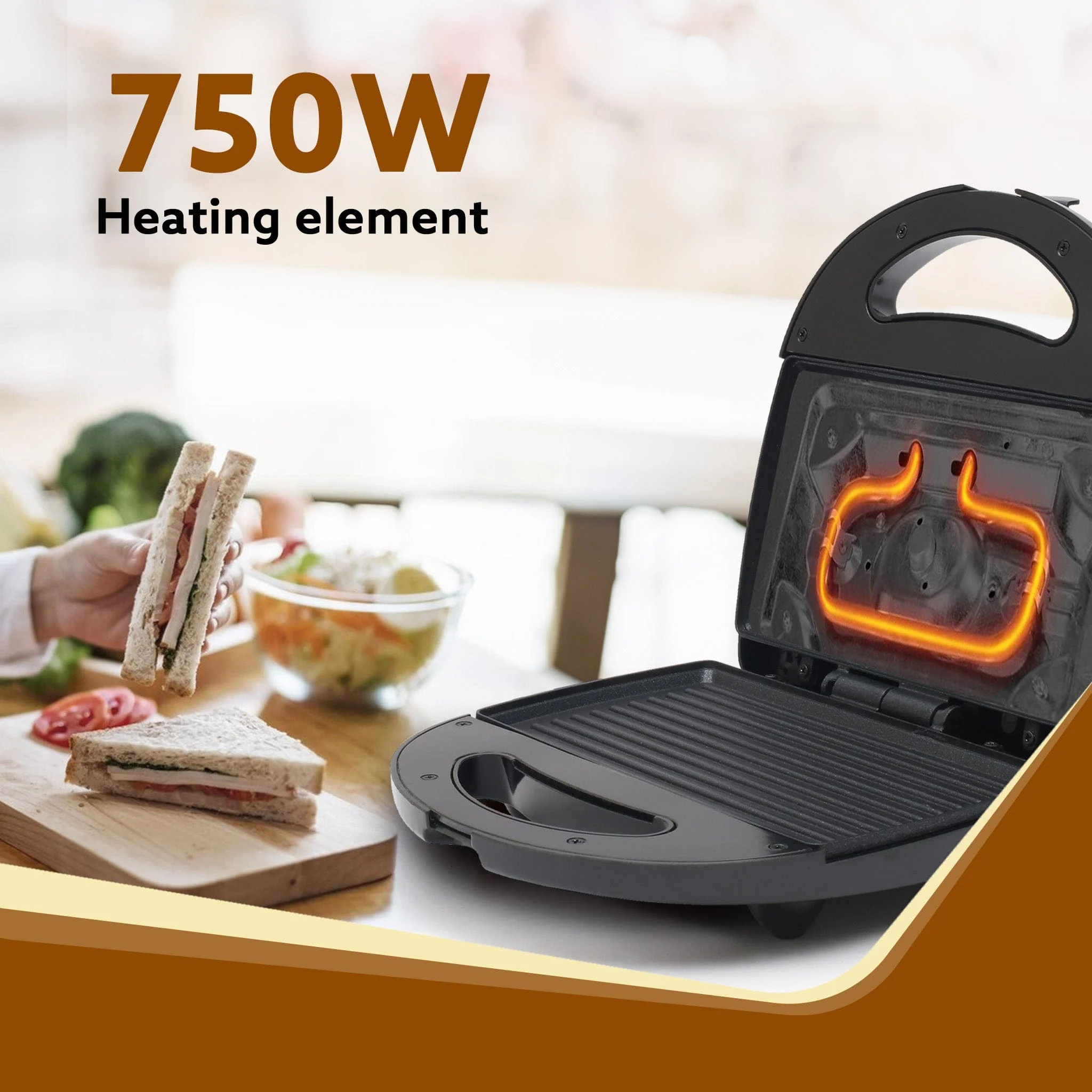 Delite Sandwich Maker, 750W, 4 Slice Non Stick Grill Plate, Power Indicator, Oil Free Toasting, Grilling, Black - Image 3