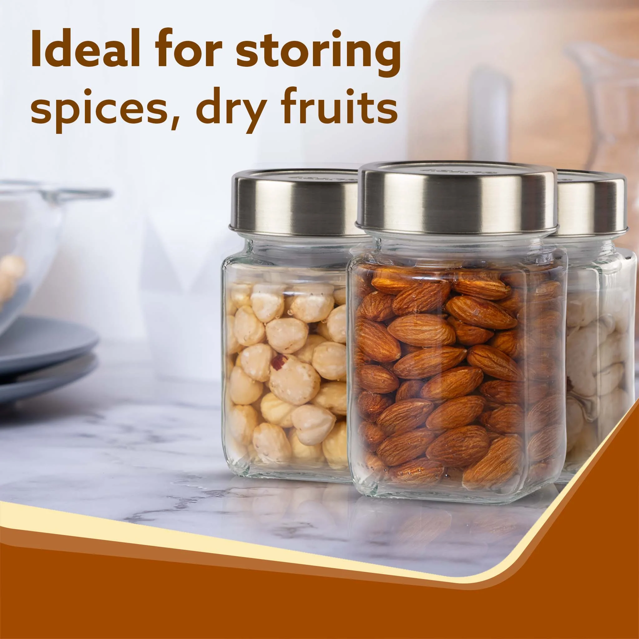 Elegant Cube Jar 310 ml, Square Shaped, Transparent Lid With Steel Finish, Storage Glass Container, Transparent, Kitchen Organiser, Multipurpose Jar, Pack of 6 - Image 3