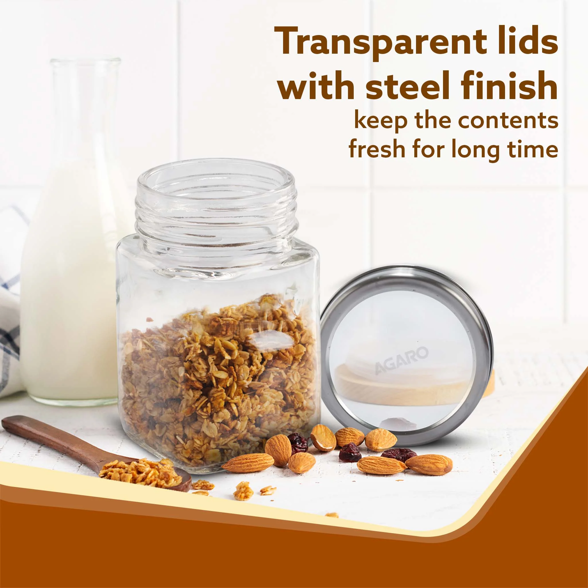 Elegant Cube Jar 310 ml, Square Shaped, Transparent Lid With Steel Finish, Storage Glass Container, Transparent, Kitchen Organiser, Multipurpose Jar, Pack of 6 - Image 5