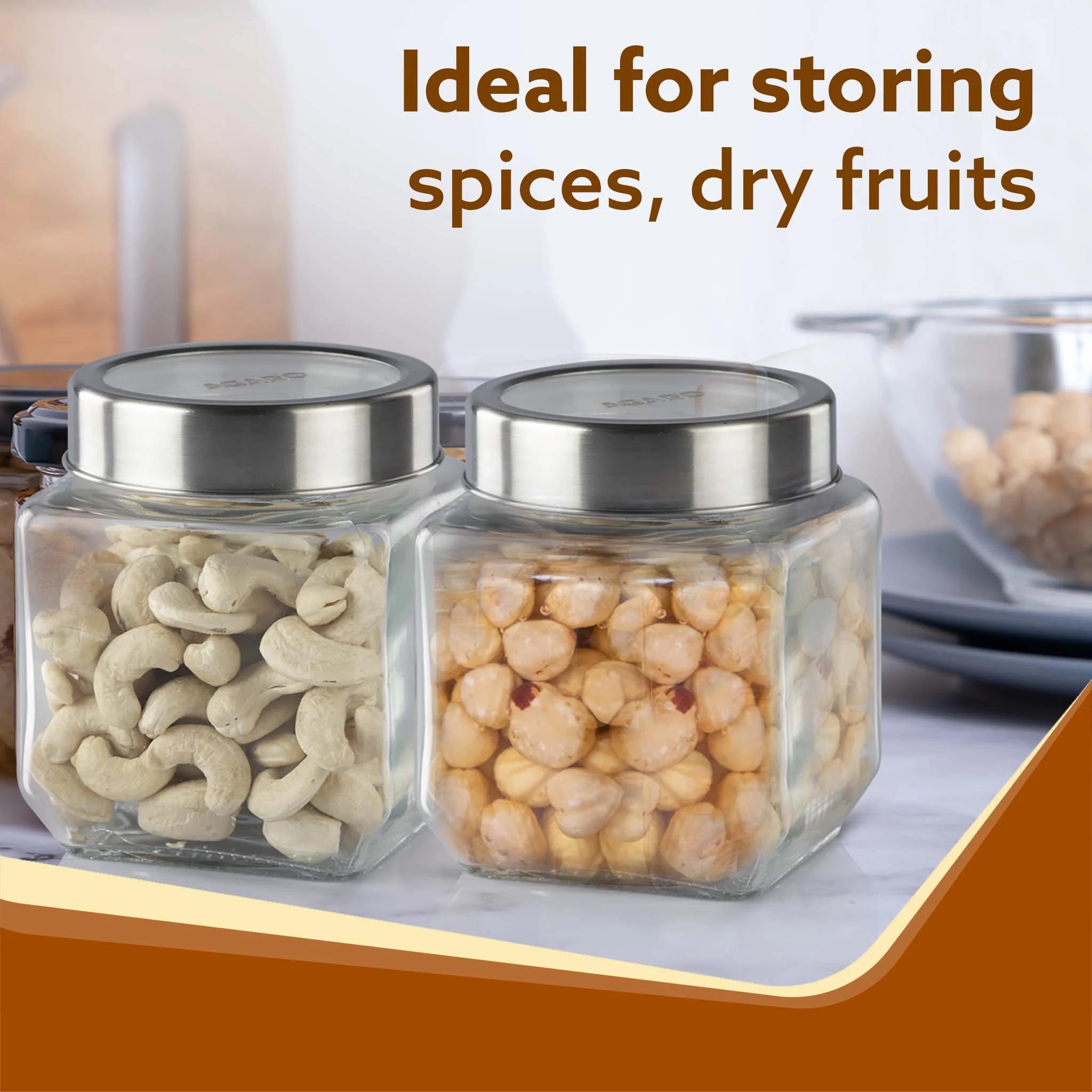 Elegant Cube Jar 580 ml, Square Shaped, Transparent Lid With Steel Finish, Storage Glass Container, Transparent, Kitchen Organiser, Multipurpose Jar, Pack of 2 - Image 3