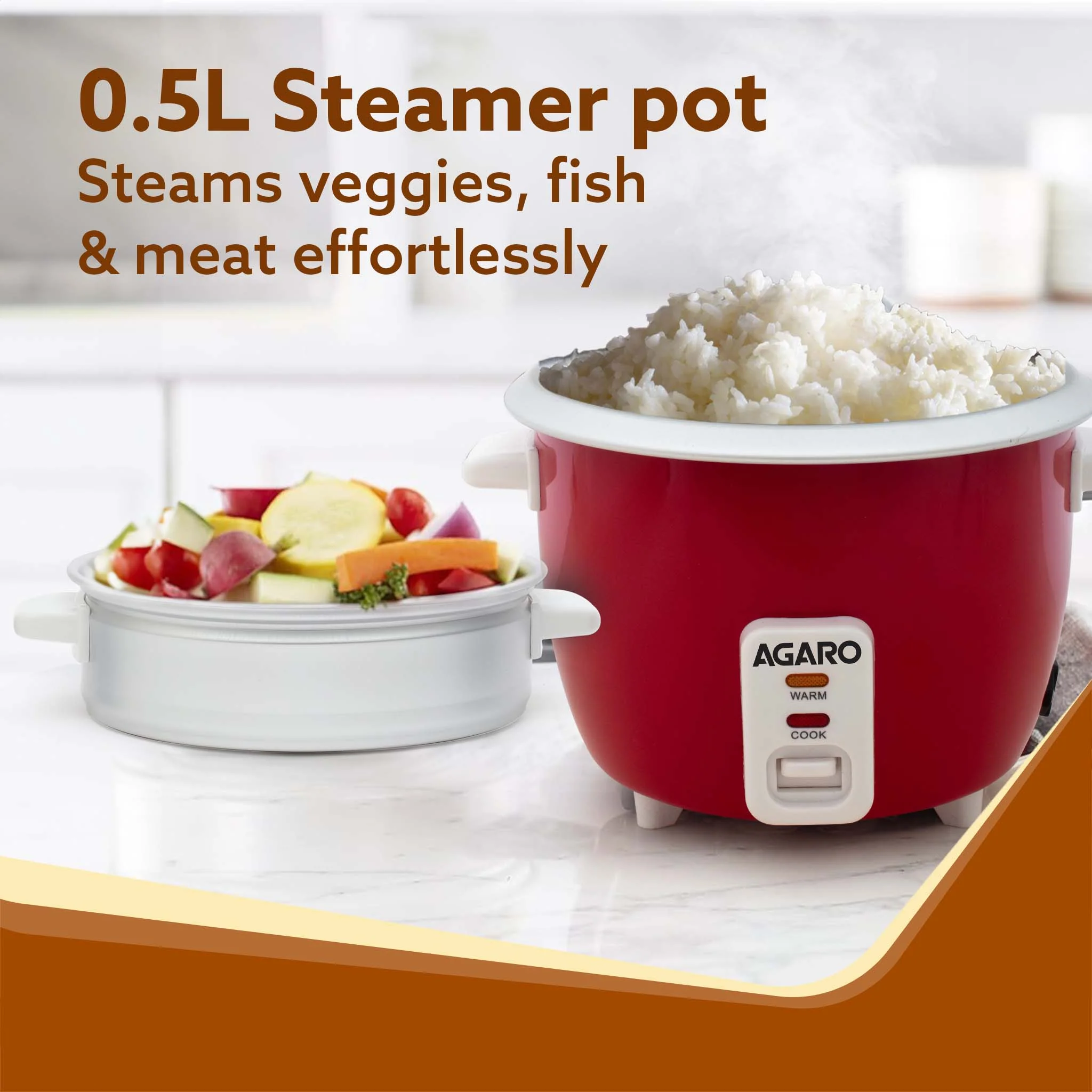 Elegant Electric Rice Cooker, 1L, 400W, Automatic Boiler, Steamer, Removable Aluminium Pot, Stainless Steel Lid, Keep Warm Function, Trivet Plate, Rice, Veggies, Red - Image 3