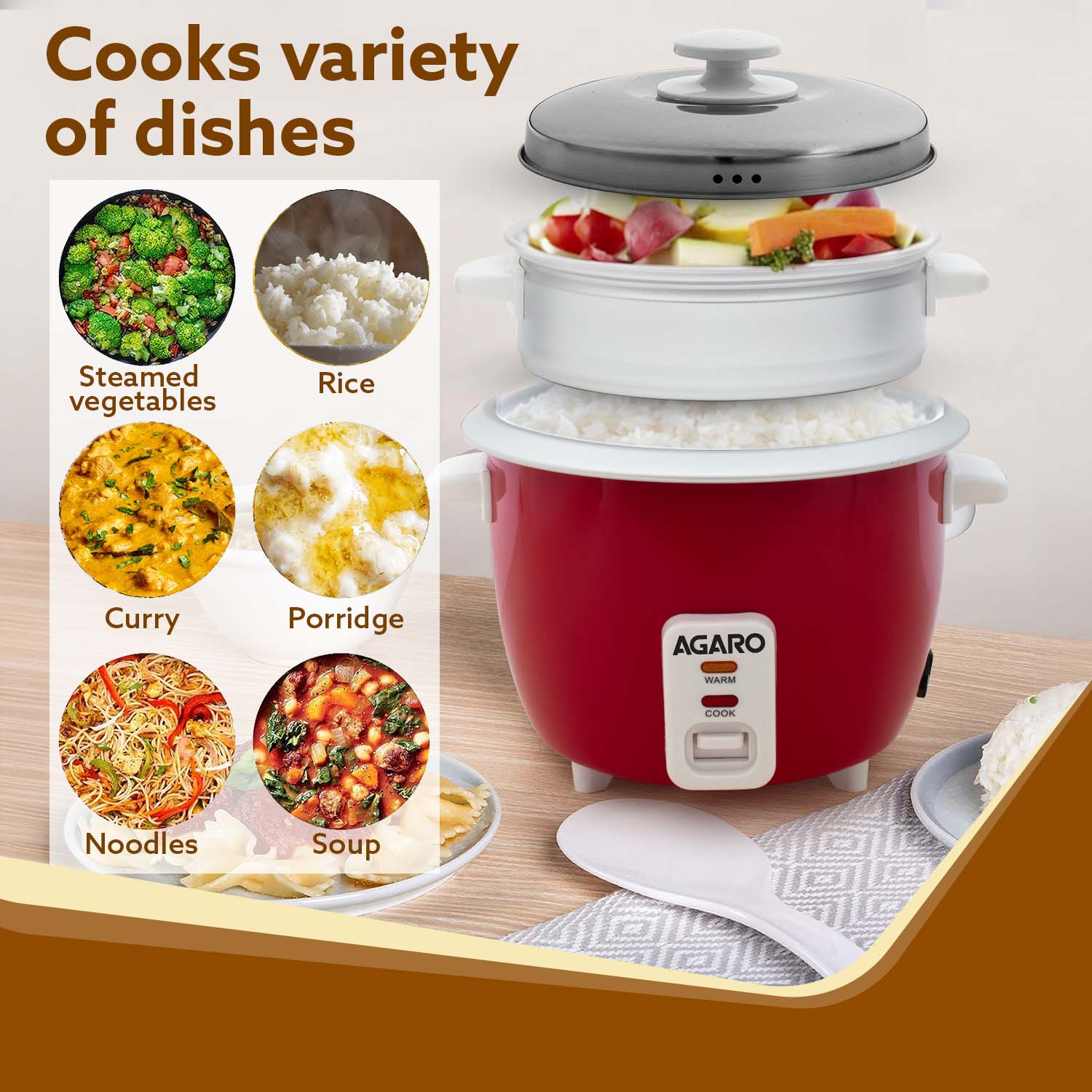 Elegant Electric Rice Cooker, 1L, 400W, Automatic Boiler, Steamer, Removable Aluminium Pot, Stainless Steel Lid, Keep Warm Function, Trivet Plate, Rice, Veggies, Red - Image 5