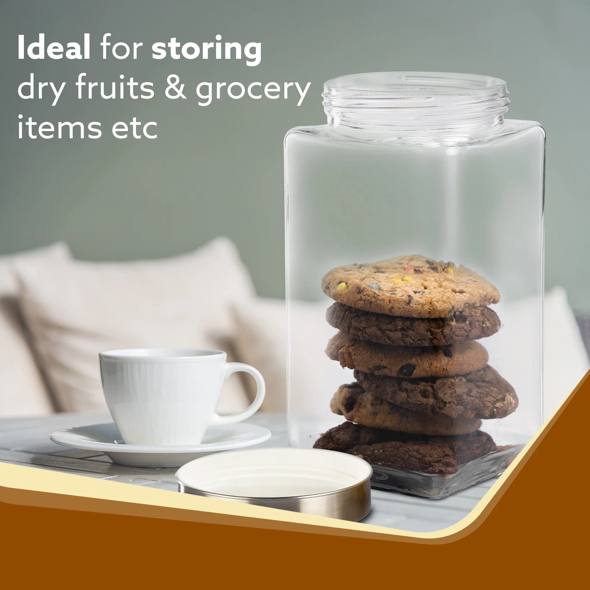 Elegant Glass Jar 2250 ml, Square Shaped, Steel Lid, Storage Glass Container, Transparent, Kitchen Organiser, Multipurpose Jar - Image 3