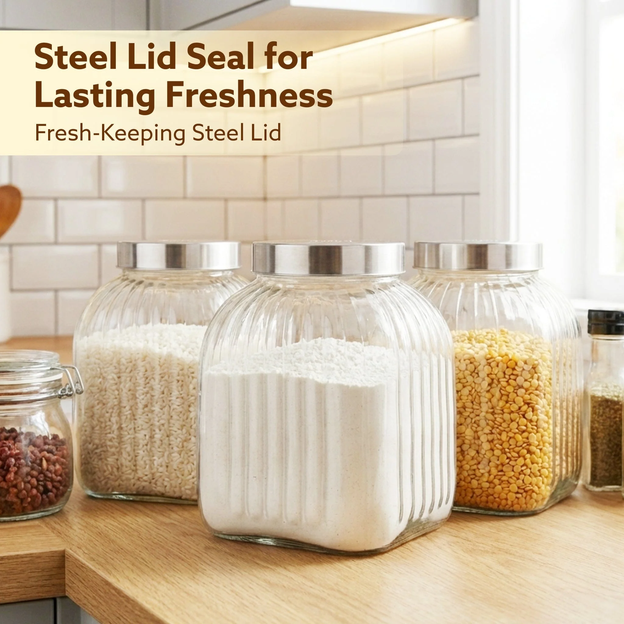 Elegant Glass Jar 3500 ml, Round Shaped, Steel Lid, Storage Glass Container, Transparent, Kitchen Organiser, Multipurpose Jar - Image 3