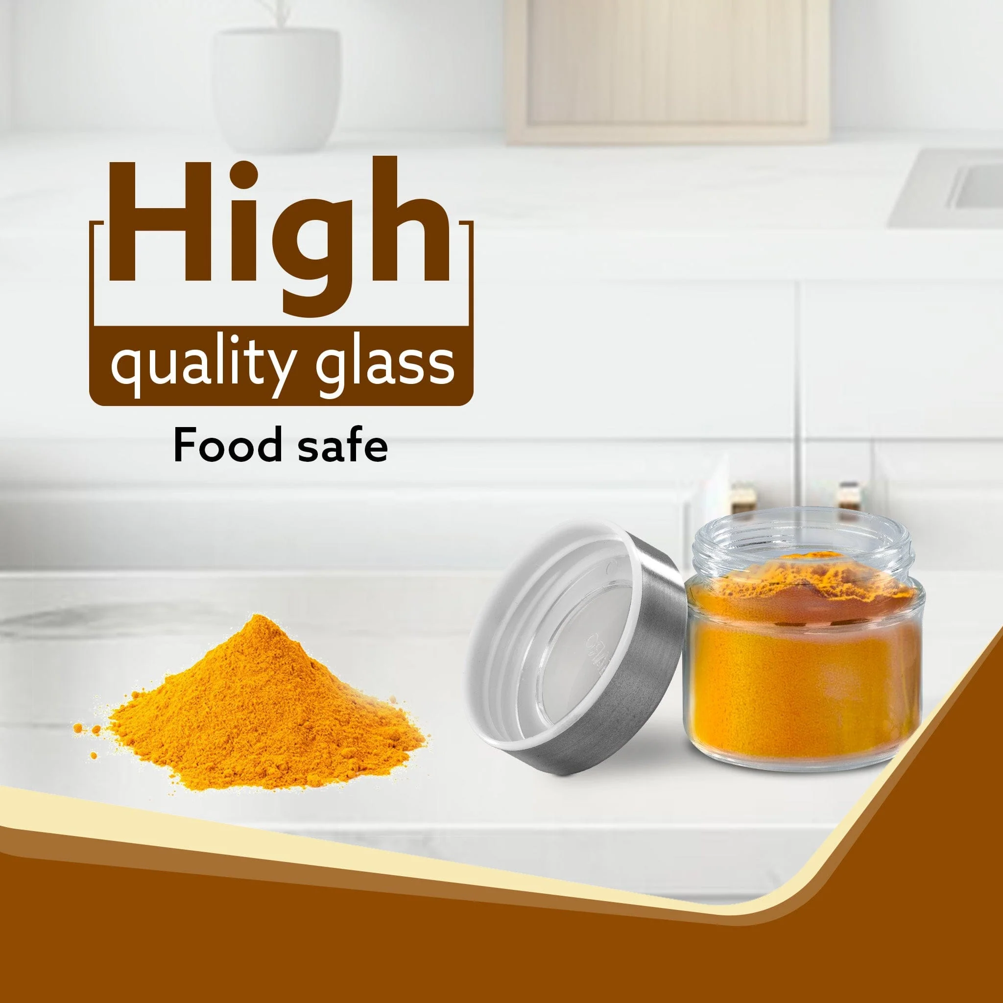 Elegant Glass Spice Jar with Metal Stand, Pack of 4, 100Ml Each, Transparent Body, Steel lid with transparent plastic, Stores Spices - Image 3