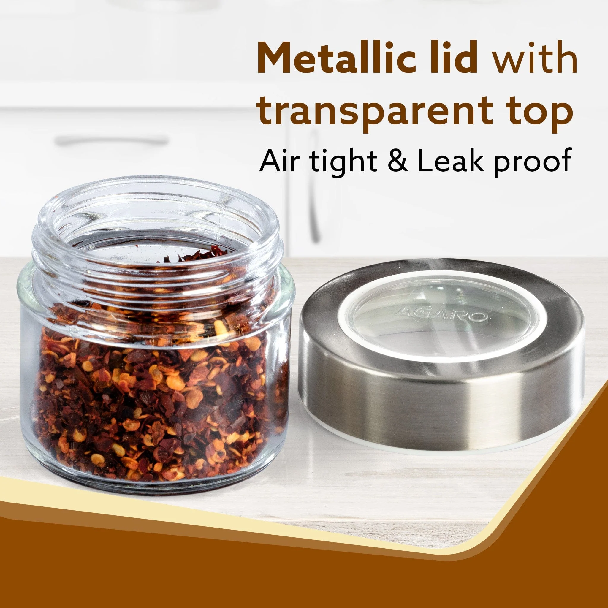 Elegant Glass Spice Jar with Metal Stand, Pack of 4, 100Ml Each, Transparent Body, Steel lid with transparent plastic, Stores Spices - Image 4