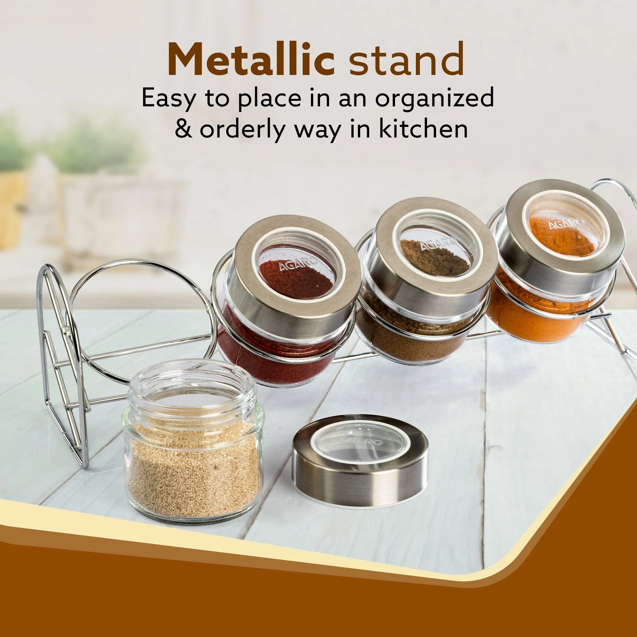 Elegant Glass Spice Jar with Metal Stand, Pack of 4, 100Ml Each, Transparent Body, Steel lid with transparent plastic, Stores Spices - Image 5