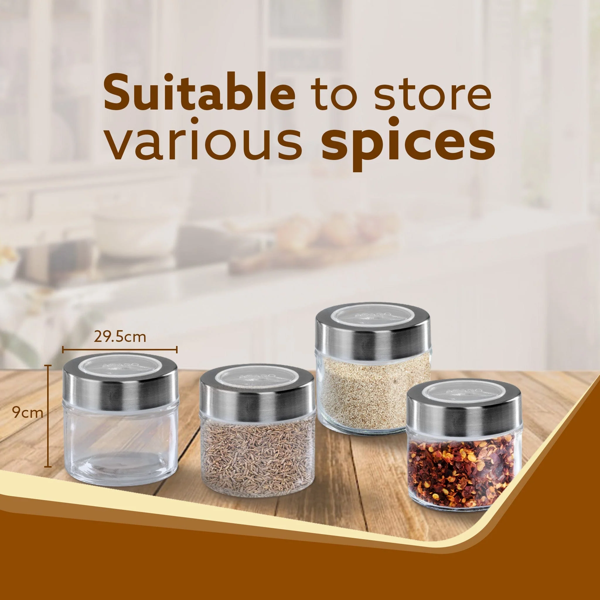 Elegant Glass Spice Jar with Metal Stand, Pack of 4, 100Ml Each, Transparent Body, Steel lid with transparent plastic, Stores Spices - Image 6