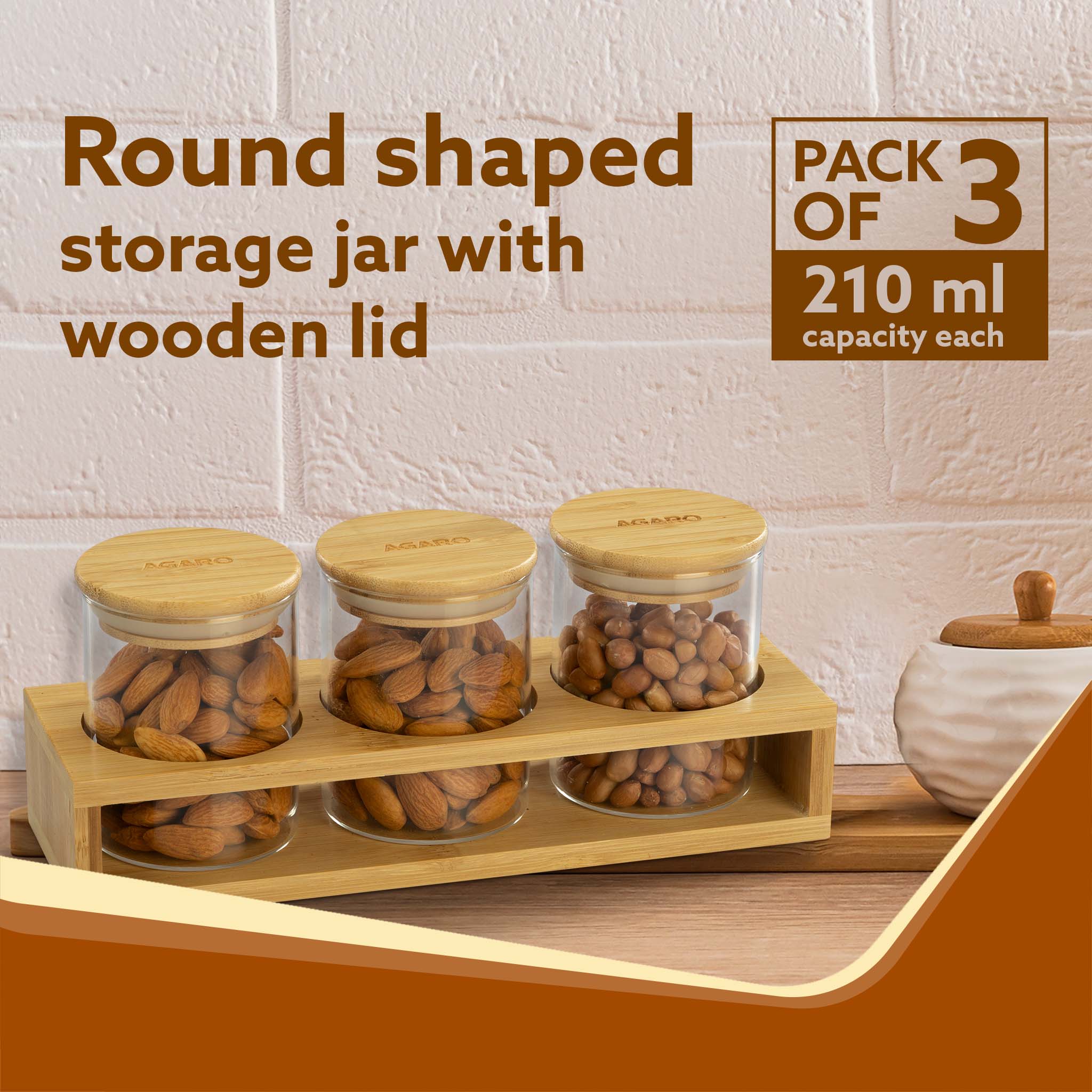 Elite Borosilicate Glass Jar 210 ml With Wooden Rack, Storage Glass Container, Transparent, Kitchen Organiser, Multipurpose Jar, Pack of 3 - Image 2
