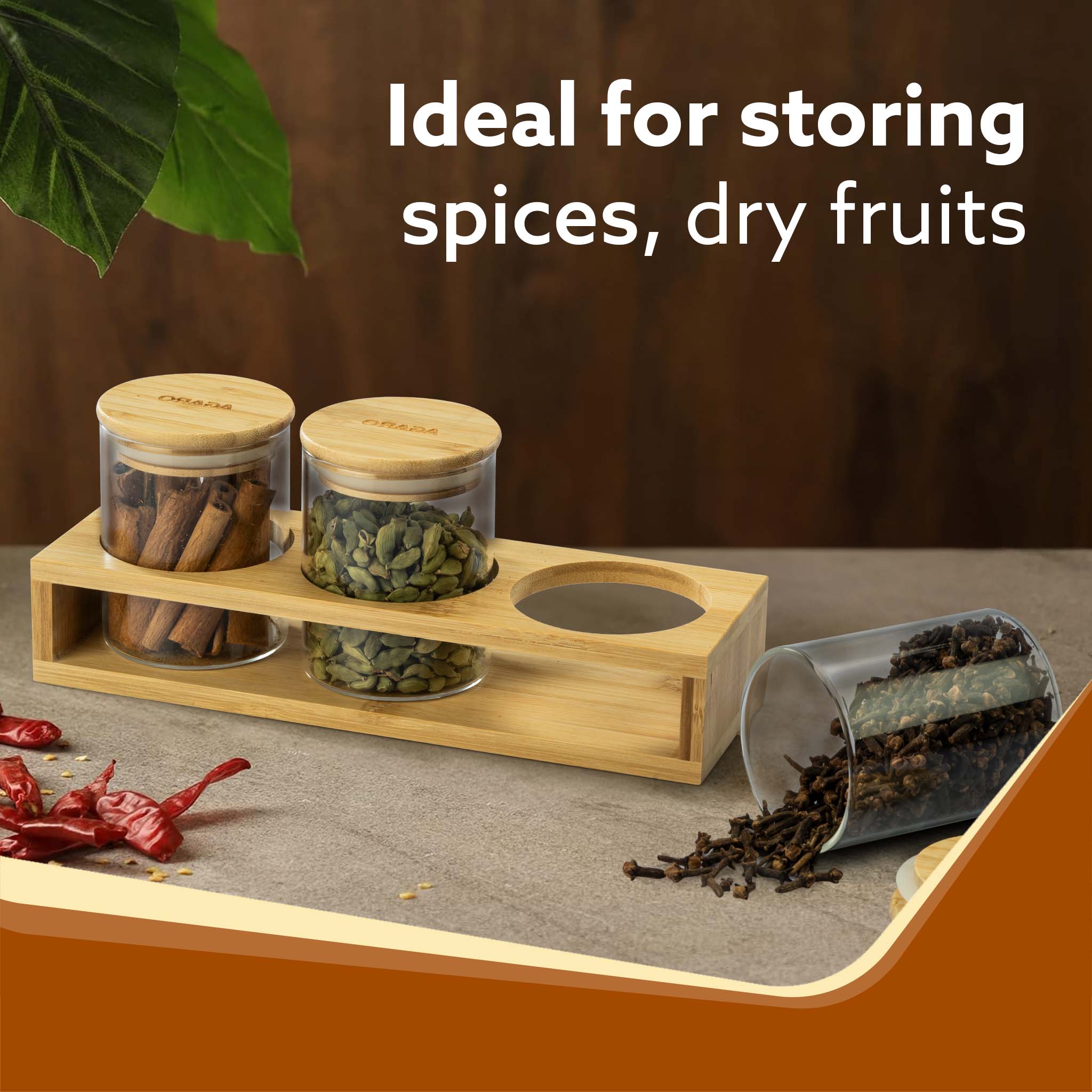 Elite Borosilicate Glass Jar 210 ml With Wooden Rack, Storage Glass Container, Transparent, Kitchen Organiser, Multipurpose Jar, Pack of 3 - Image 3