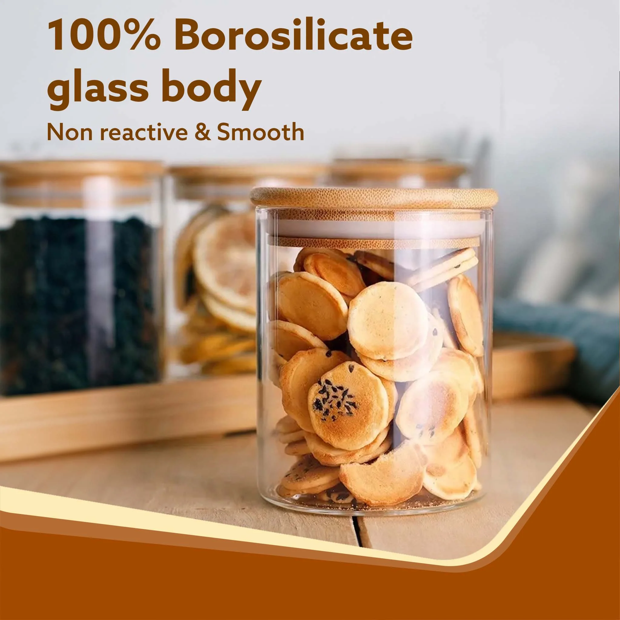 Elite Borosilicate Glass Jar 210 ml With Wooden Rack, Storage Glass Container, Transparent, Kitchen Organiser, Multipurpose Jar, Pack of 3 - Image 4