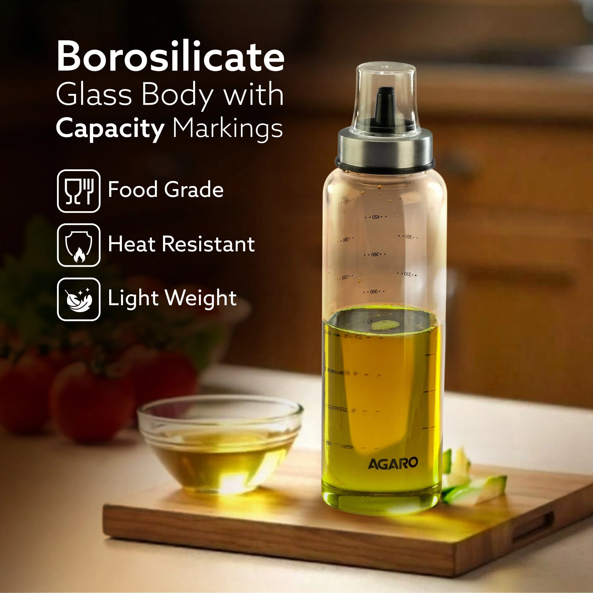 Elite Borosilicate Glass Oil Dispenser With Capacity Markings, Pack of 2, 500 Ml each, Metallic Lid, Oil Bottle Jar, Transparent - Image 3