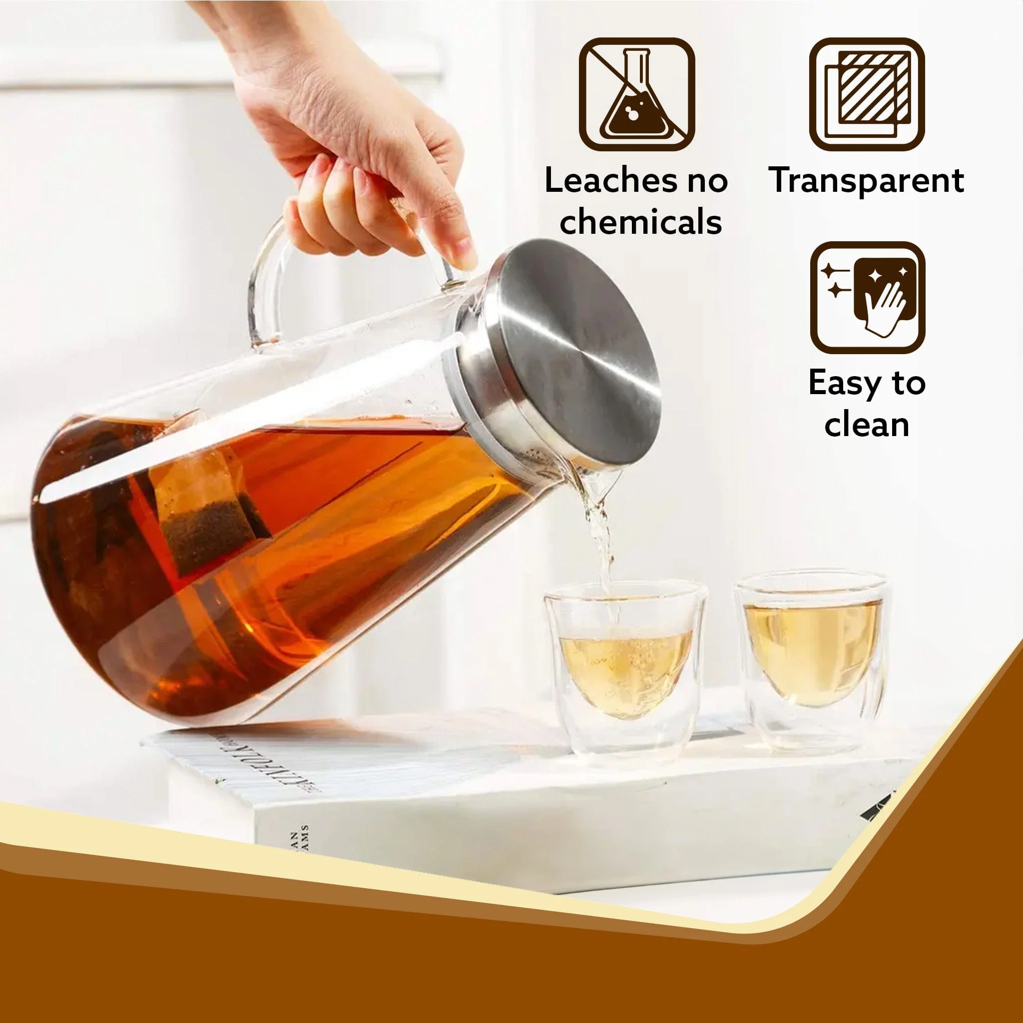 Elite Borosilicate Water Jug 1.8Ltr, Stainless Steel Air Tight lid, Iced Tea Pitcher, Water Jug, Hot Cold Water, Milk and Juice Beverage Carafes - Image 5