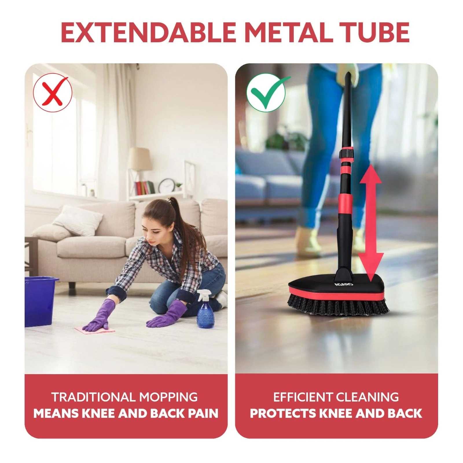 Elite Cleaning Mop & Brush Set,  Bathroom Cleaning Brush with Long Handle, Hard Brush Microfiber Pad & Scrubber Combo For Tiles, Kitchen, Toilet, Window Glass, Extendable Pole, Detachable Head, Black & Red - Image 4