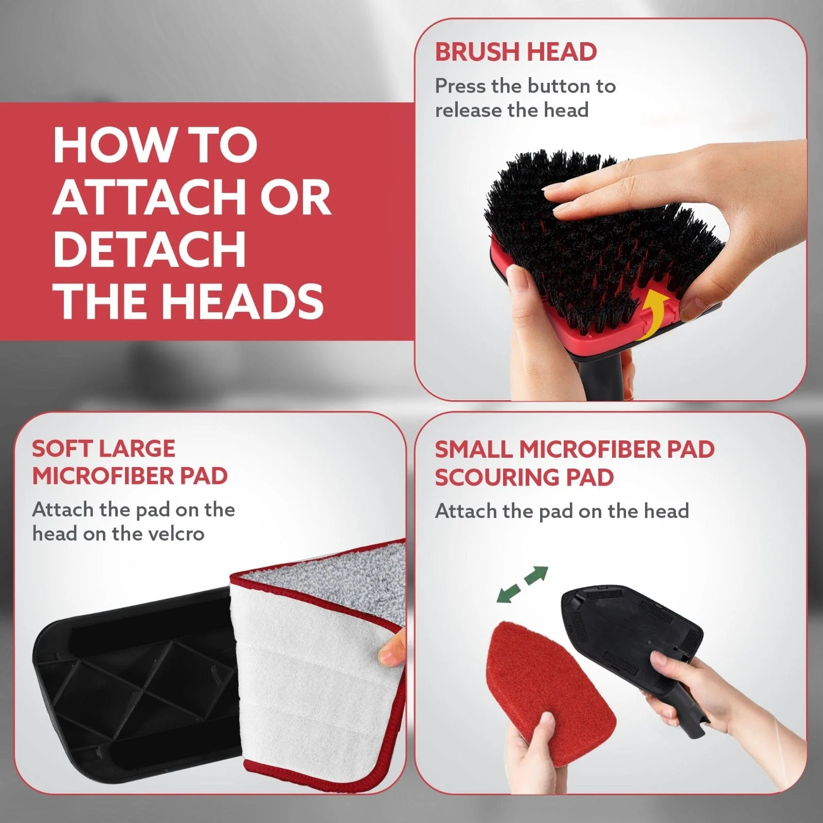 Elite Cleaning Mop & Brush Set,  Bathroom Cleaning Brush with Long Handle, Hard Brush Microfiber Pad & Scrubber Combo For Tiles, Kitchen, Toilet, Window Glass, Extendable Pole, Detachable Head, Black & Red - Image 5