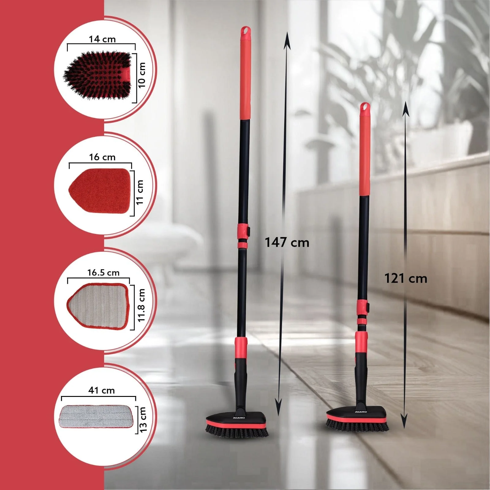 Elite Cleaning Mop & Brush Set,  Bathroom Cleaning Brush with Long Handle, Hard Brush Microfiber Pad & Scrubber Combo For Tiles, Kitchen, Toilet, Window Glass, Extendable Pole, Detachable Head, Black & Red - Image 6