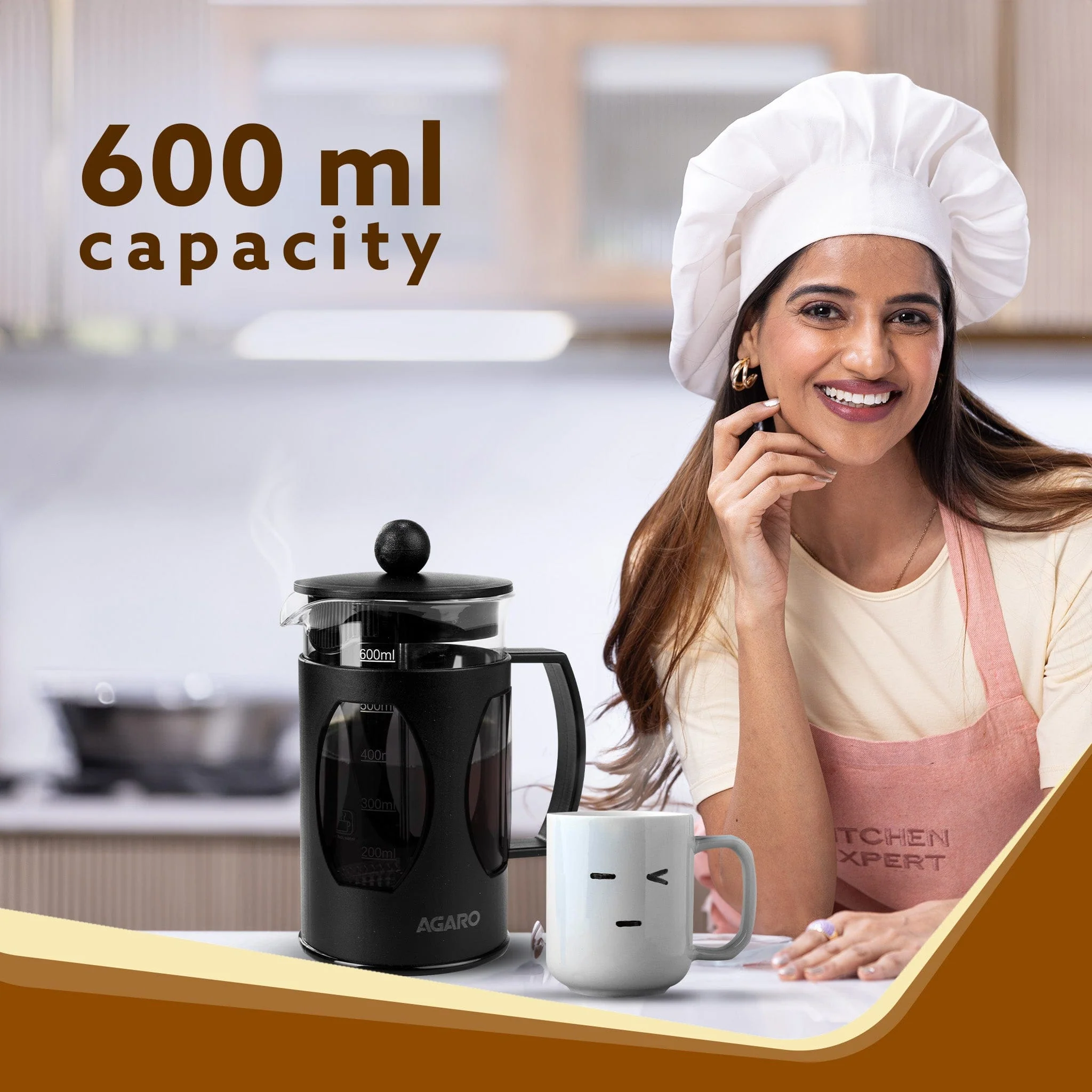 Elite French Press Coffee And Tea Maker, Borosilicate Glass Body With Sleeves, Glass Carafe, BPA Free Plastic Lid Strainer, 600Ml - Image 3
